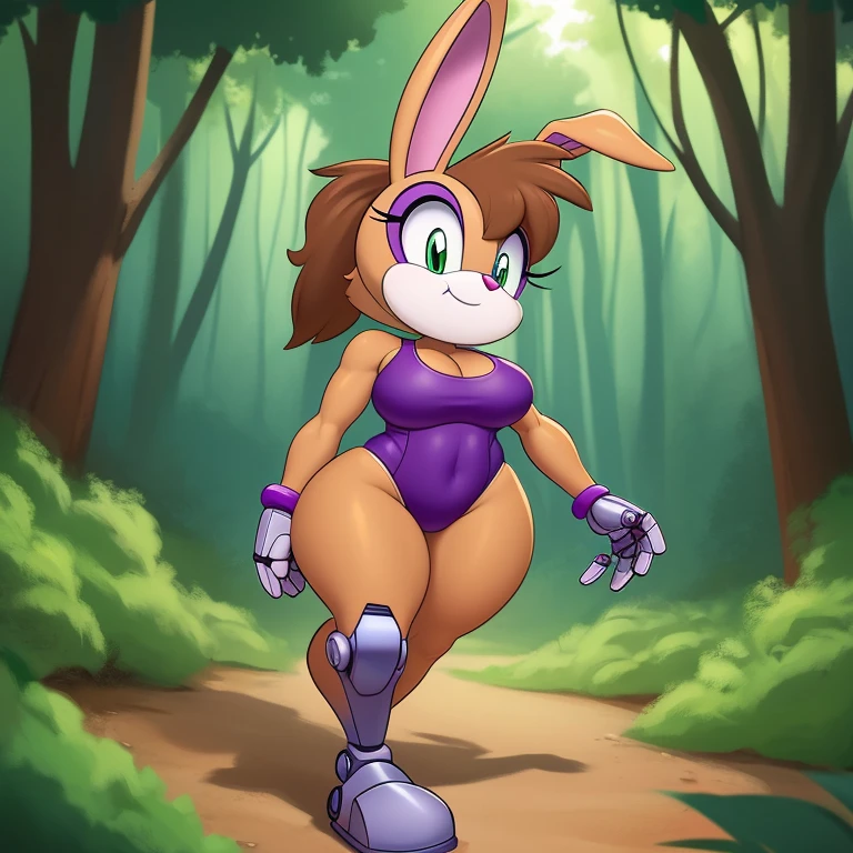 Bunnie Rabbot from Sonic Satam, wearing purple one piece swimsuit, wearing black shorts, brown fur, one robotic leg, thick thighs, beautiful limbs, walking in the forest, high quality, Dan Haskett Character Design style,