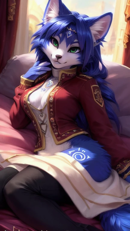 A beautiful and detailed (sweet portrait) von ((Krystal)), Sternenfuchs Krystal, Schlank, liebenswert, green eyes, medium breasts, (((Lange blaue Haare 1.3))),  ((schwarze haarspitzen)), Dekollete, Grinsen, hoch schauen,, anthro, Pelzig, Hochgeladen E621, detailed flauschige fur, (von Fluff-Kevlar, Bayard Wu, personalami, Pino Daeni), detailliertes Gesicht, (flauschige), 1 girl, Allein, auf einem bett liegend, alltagskleidung, heller pullover 1.3, schwarze hose, fernsehen