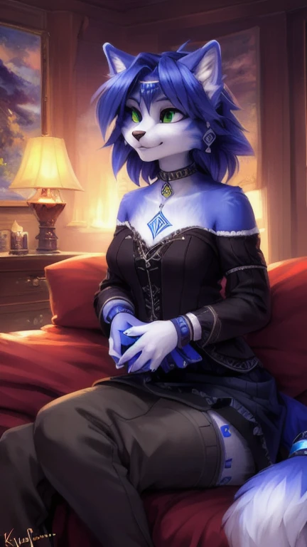 A beautiful and detailed (sweet portrait) von ((Krystal)), Sternenfuchs Krystal, Schlank, liebenswert, green eyes, medium breasts, (((Lange blaue Haare 1.3))),  ((schwarze haarspitzen)), Dekollete, Grinsen, hoch schauen,, anthro, Pelzig, Hochgeladen E621, detailed flauschige fur, (von Fluff-Kevlar, Bayard Wu, personalami, Pino Daeni), detailliertes Gesicht, (flauschige), 1 girl, Allein, auf einem bett liegend, alltagskleidung, heller pullover 1.3, schwarze hose, fernsehen