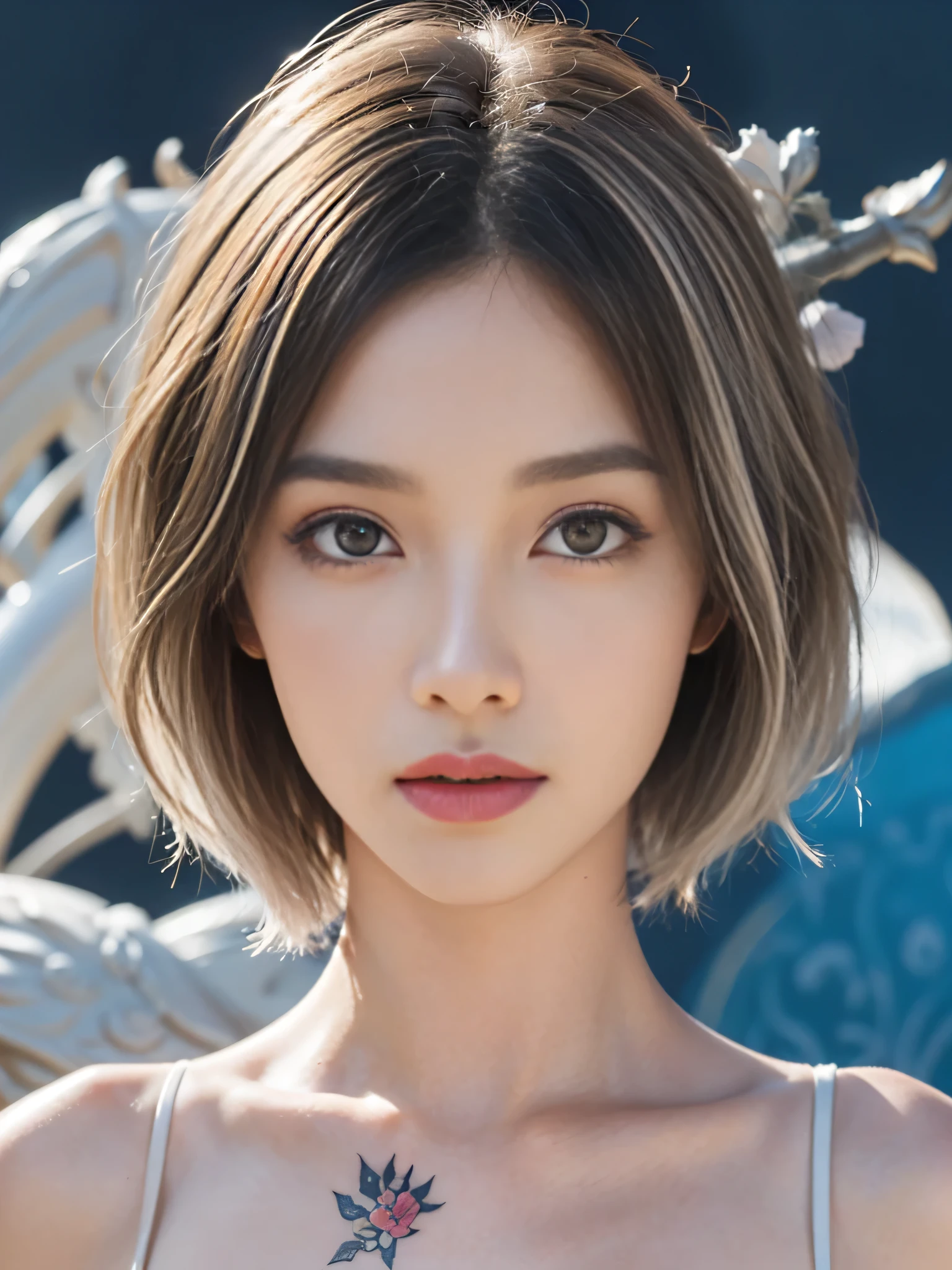 (sfw:2.0),high resolution、Real、8k、42 years old、1 female、Beautiful symmetrical body、Noble golden robe、(((flower tattoos all over the body)))、((Platinum Hair:1.8、short hair:1.6))、(Enthusiastic:1.1), (young woman:1.1),Big Blue Eyes、Droopy eyes、 sharp, (Upper body portrait:1.5)、(perfect body:1.1), Realistic, True Shadow, 3D, (Temple Background:1.8)、A fleshy body、plump body、Perfect proportions, Two-tone lighting, Low ISO, White balance, Large Diameter, 8K Original, Highly efficient subpixels, Subpixel Convolution, Luminous Particles, Light Scattering, (Graceful features), (Perfect face), Dynamic Angle、((Skeletally correct body))