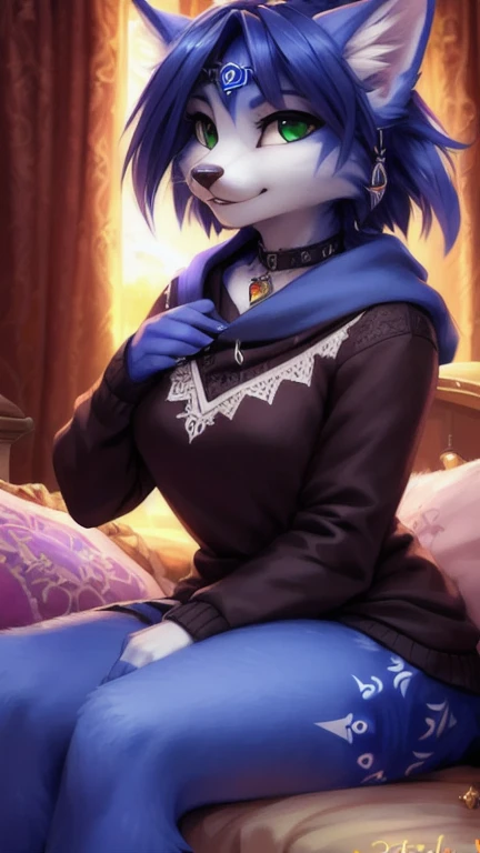 A beautiful and detailed (sweet portrait) von ((Krystal)), Sternenfuchs Krystal, Schlank, liebenswert, green eyes, medium breasts, (((Lange blaue Haare 1.3))),  ((schwarze haarspitzen)), Dekollete, Grinsen, hoch schauen,, anthro, Pelzig, Hochgeladen E621, detailed flauschige fur, (von Fluff-Kevlar, Bayard Wu, personalami, Pino Daeni), detailliertes Gesicht, (flauschige), 1 girl, Allein, auf einem bett liegend, alltagskleidung, heller pullover 1.3, schwarze hose, fernsehen