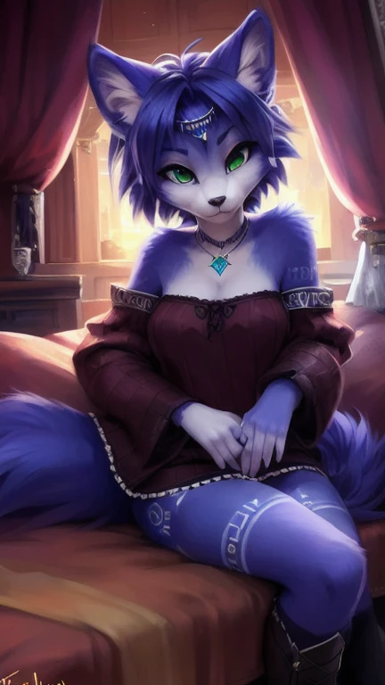 A beautiful and detailed (sweet portrait) von ((Krystal)), Sternenfuchs Krystal, Schlank, liebenswert, green eyes, medium breasts, (((Lange blaue Haare 1.3))),  ((schwarze haarspitzen)), Dekollete, Grinsen, hoch schauen,, anthro, Pelzig, Hochgeladen E621, detailed flauschige fur, (von Fluff-Kevlar, Bayard Wu, personalami, Pino Daeni), detailliertes Gesicht, (flauschige), 1 girl, Allein, auf einem bett liegend, alltagskleidung, heller pullover 1.3, schwarze hose, fernsehen
