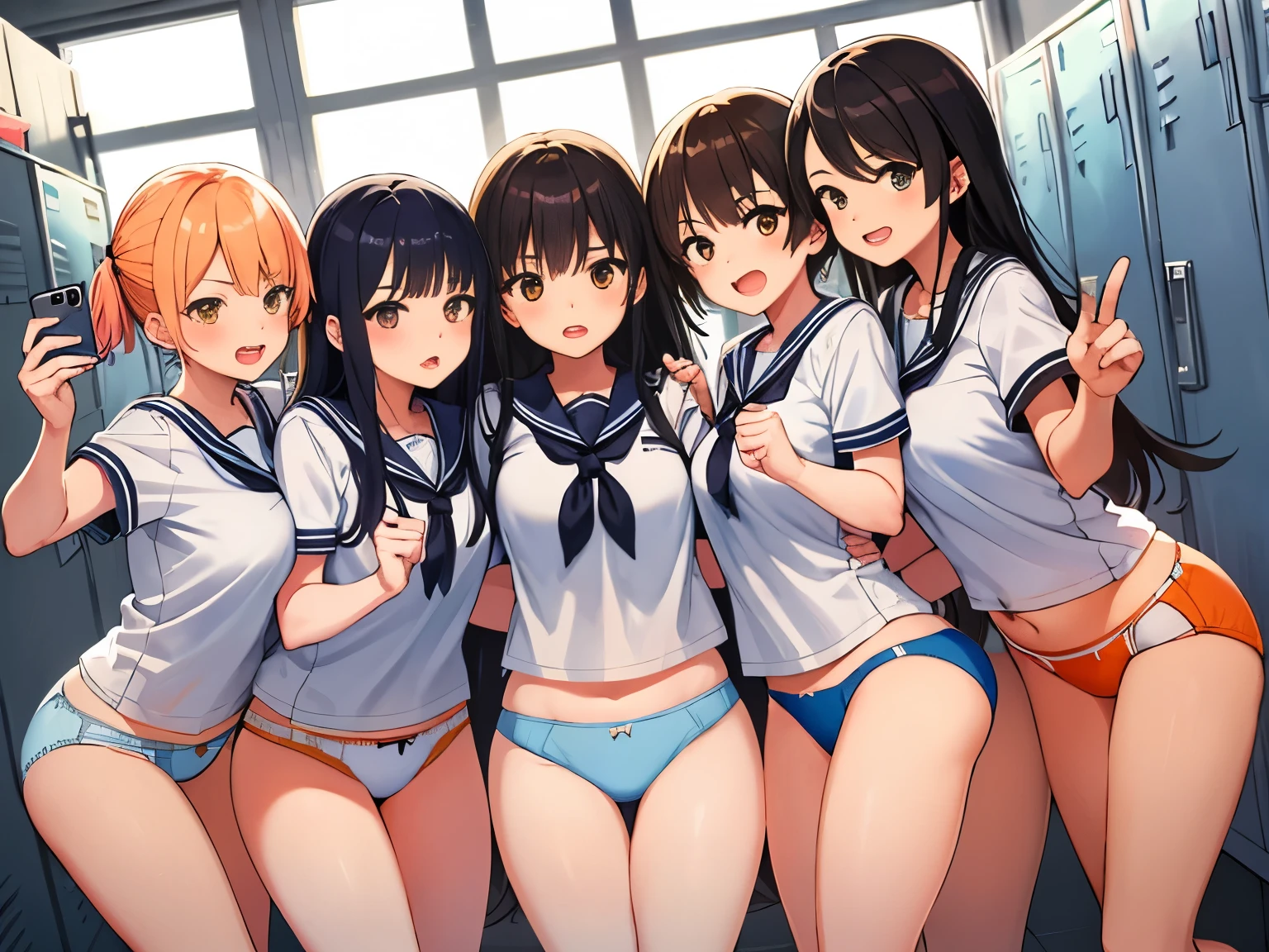 (masterpiece, high quality), (multiple girls), 14, Female student, (nude)、　(small nipples)、　(smile)、　locker room, (white panties), school shirt, (group selfie), wide angle, soft light,