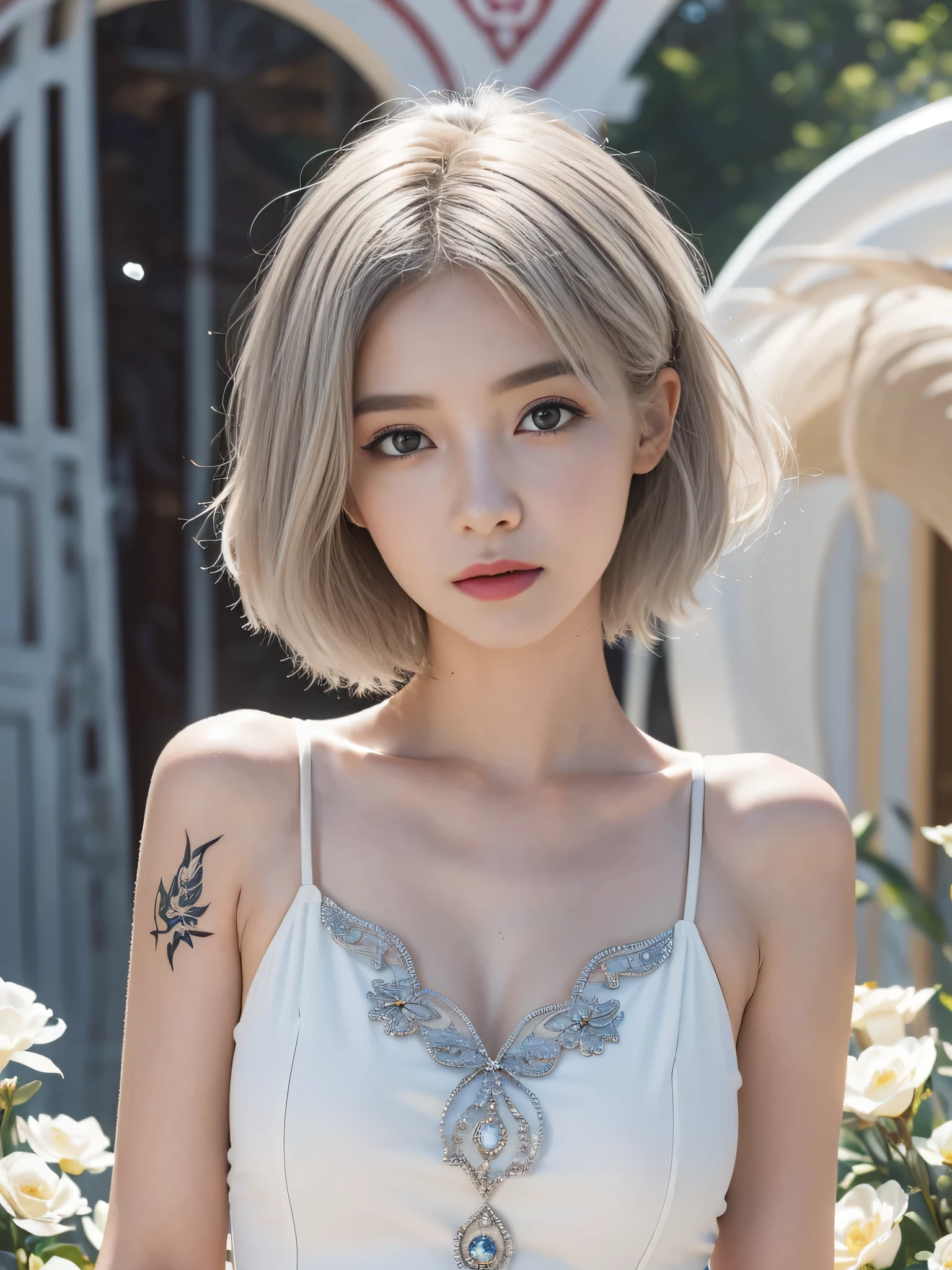 (sfw:2.0),high resolution、Real、8k、42 years old、1 female、Beautiful symmetrical body、Noble golden robe、(((flower tattoos all over the body)))、((Platinum Hair:1.8、short hair:1.6))、(Enthusiastic:1.1), (young woman:1.1),Big Blue Eyes、Droopy eyes、 sharp, (Upper body portrait:1.5)、(perfect body:1.1), Realistic, True Shadow, 3D, (Temple Background:1.8)、A fleshy body、plump body、Perfect proportions, Two-tone lighting, Low ISO, White balance, Large Diameter, 8K Original, Highly efficient subpixels, Subpixel Convolution, Luminous Particles, Light Scattering, (Graceful features), (Perfect face), Dynamic Angle、((Skeletally correct body))