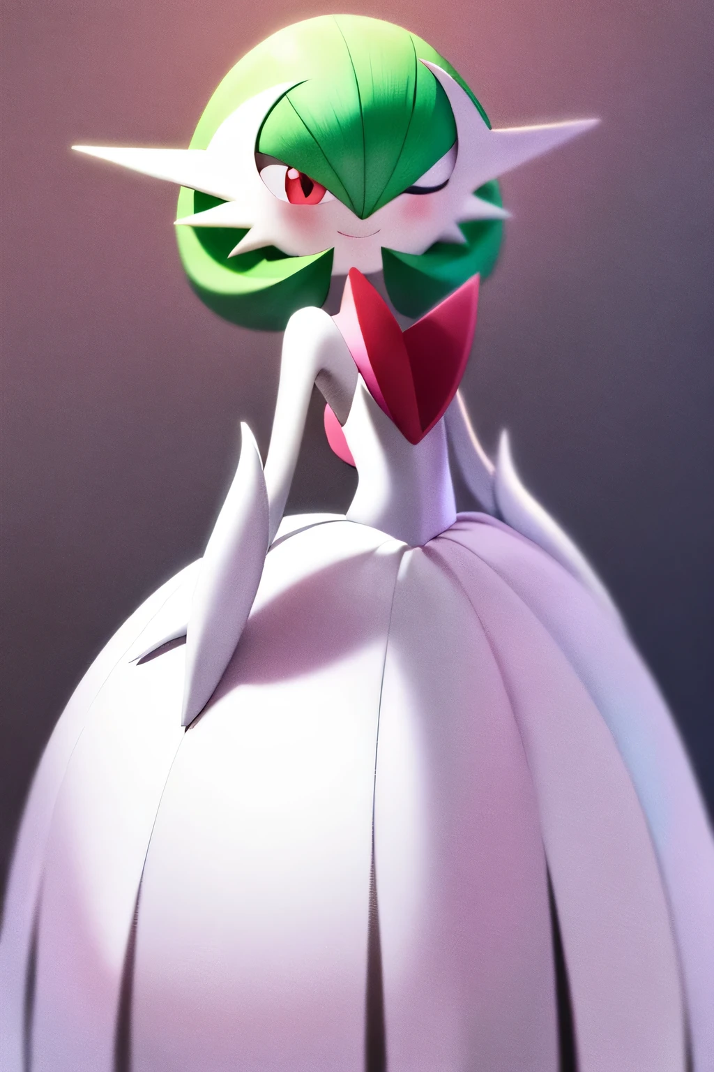 Masterpiece, best quality, 1 girl, solo, gardevoir Male Gardevoir, green hair, mega pokemon, white dress, Gardevoirite Mega Evolution Stone necklace, smile, mouths closed, white gloves, standing