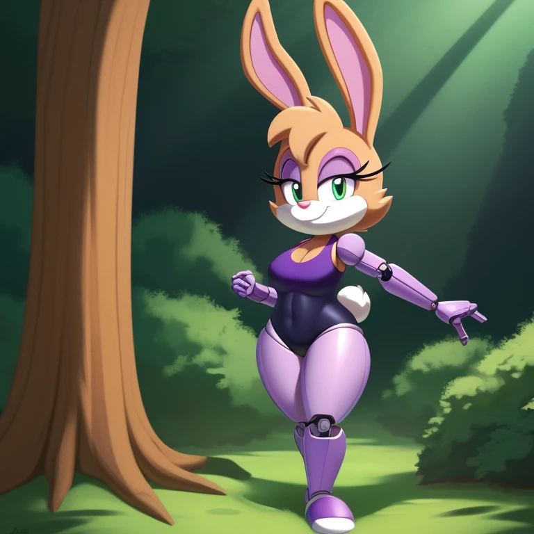 Bunnie Rabbot from Sonic Satam, wearing purple one piece swimsuit, wearing black shorts, brown fur, one robotic leg, thick thighs, beautiful limbs, walking in the forest, high quality, Dan Haskett Character Design style,