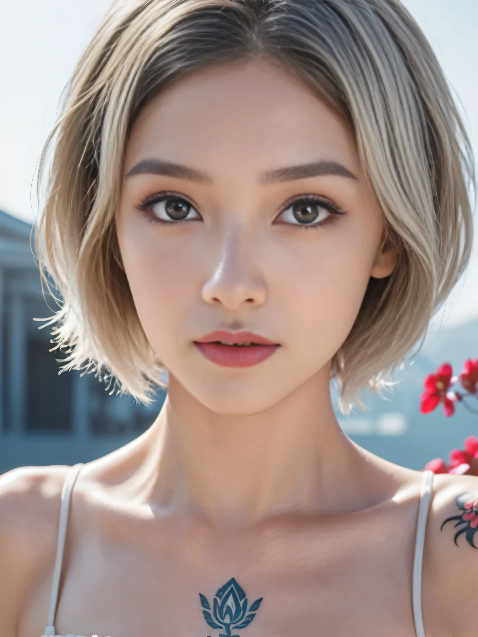 (sfw:2.0),high resolution、Real、8k、42 years old、woman1 person、Beautiful symmetrical body、Noble golden robe、(((flower tattoos all over the body)))、((Platinum Hair:1.8、short hair:1.6))、(Enthusiastic:1.1), (woman:1.1),Big Blue Eyes、Droopy eyes、 sharp, (Upper body portrait:1.5)、(perfect body:1.1), Realistic, True Shadow, 3D, (Temple Background:1.8)、A fleshy body、plump body、Perfect proportions, Two-tone lighting, Low ISO, White balance, Large Diameter, 8K Original, Highly efficient subpixels, Subpixel Convolution, Luminous Particles, Light Scattering, (Graceful features), (Perfect face), Dynamic Angle、((Skeletally correct body))