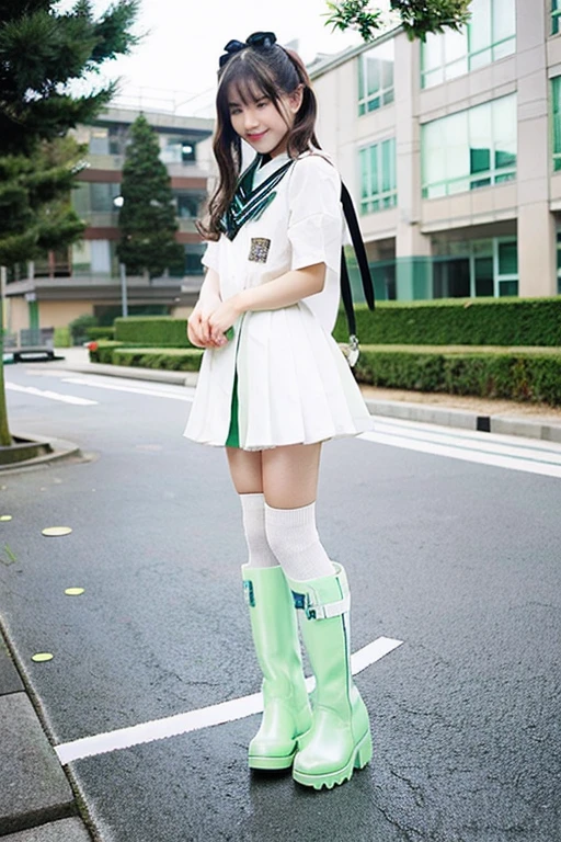 Japan Elementary School Beautiful Girl，Shiny white and mint green PVC boots with ribbon