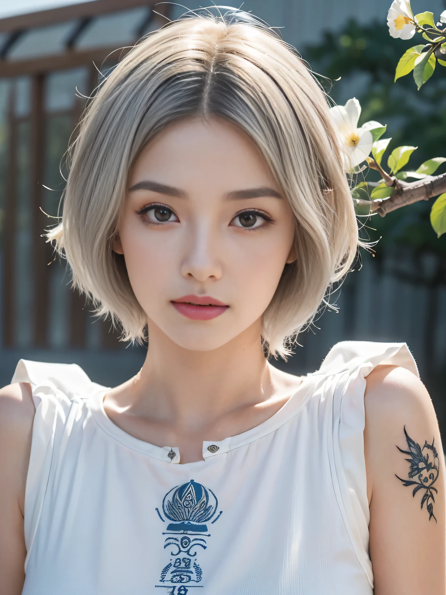 (sfw:2.0),high resolution、Real、8k、58 years old、woman1 person、Beautiful symmetrical body、Noble golden robe、(((flower tattoos all over the body)))、((Platinum Hair:1.8、short hair:1.6))、(Enthusiastic:1.1), (woman:1.1),Big Blue Eyes、Droopy eyes、 sharp, (Upper body portrait:1.5)、(perfect body:1.1), Realistic, True Shadow, 3D, (Temple Background:1.8)、A fleshy body、plump body、Perfect proportions, Two-tone lighting, Low ISO, White balance, Large Diameter, 8K Original, Highly efficient subpixels, Subpixel Convolution, Luminous Particles, Light Scattering, (Graceful features), (Perfect face), Dynamic Angle、((Skeletally correct body))