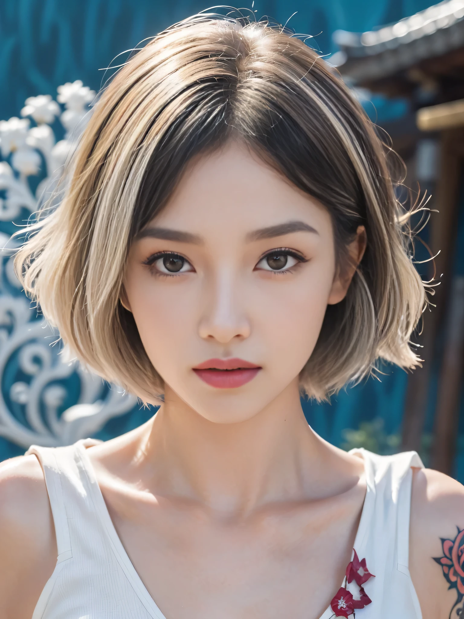 (sfw:2.0),high resolution、Real、8k、58 years old、woman1 person、Beautiful symmetrical body、Noble golden robe、(((flower tattoos all over the body)))、((Platinum Hair:1.8、short hair:1.6))、(Enthusiastic:1.1), (woman:1.1),Big Blue Eyes、Droopy eyes、 sharp, (Upper body portrait:1.5)、(perfect body:1.1), Realistic, True Shadow, 3D, (Temple Background:1.8)、A fleshy body、plump body、Perfect proportions, Two-tone lighting, Low ISO, White balance, Large Diameter, 8K Original, Highly efficient subpixels, Subpixel Convolution, Luminous Particles, Light Scattering, (Graceful features), (Perfect face), Dynamic Angle、((Skeletally correct body))