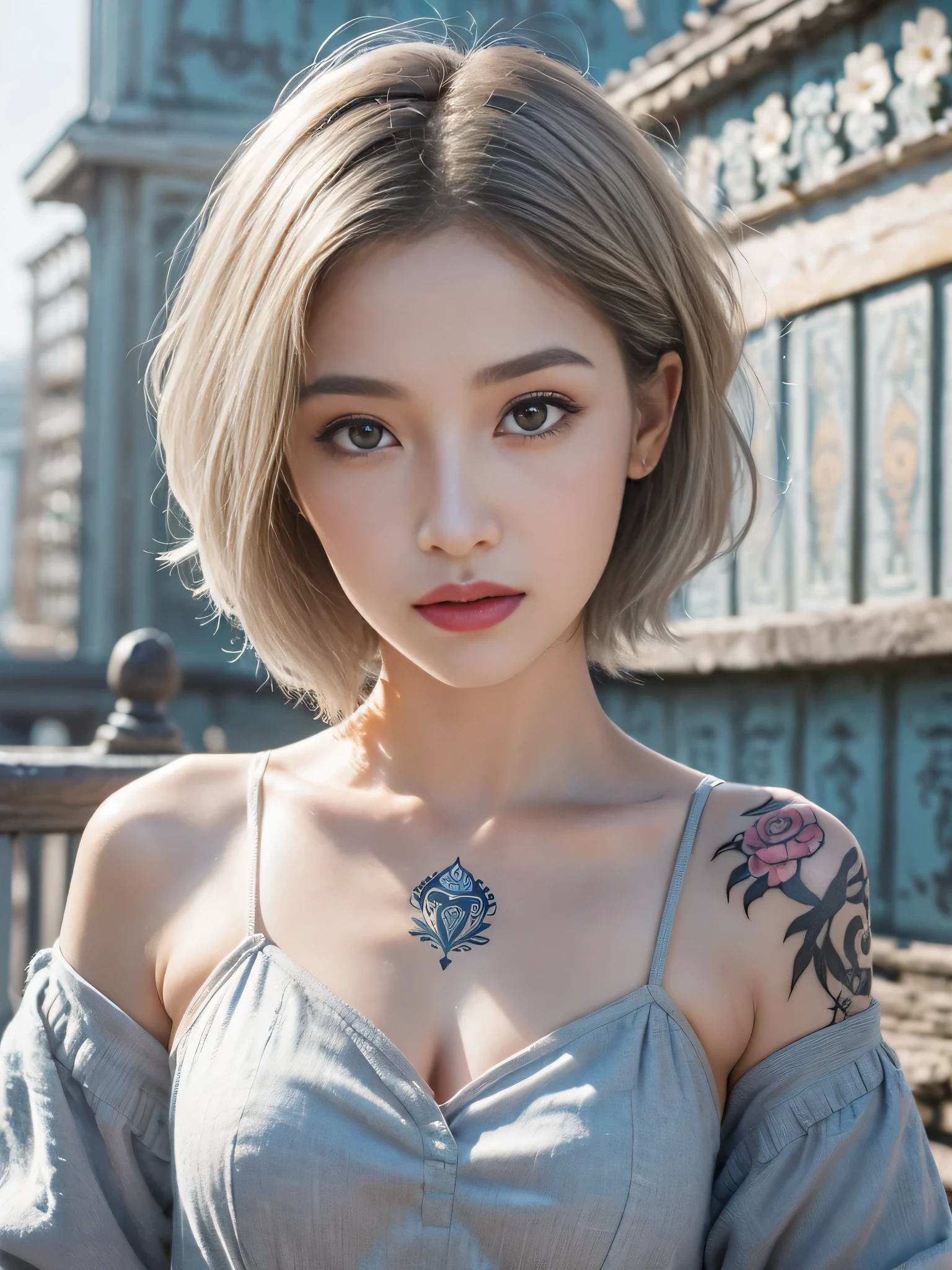 (sfw:2.0),high resolution、Real、8k、58 years old、woman1 person、Beautiful symmetrical body、Noble golden robe、(((flower tattoos all over the body)))、((Platinum Hair:1.8、short hair:1.6))、(Enthusiastic:1.1), (woman:1.1),Big Blue Eyes、Droopy eyes、 sharp, (Upper body portrait:1.5)、(perfect body:1.1), Realistic, True Shadow, 3D, (Temple Background:1.8)、A fleshy body、plump body、Perfect proportions, Two-tone lighting, Low ISO, White balance, Large Diameter, 8K Original, Highly efficient subpixels, Subpixel Convolution, Luminous Particles, Light Scattering, (Graceful features), (Perfect face), Dynamic Angle、((Skeletally correct body))