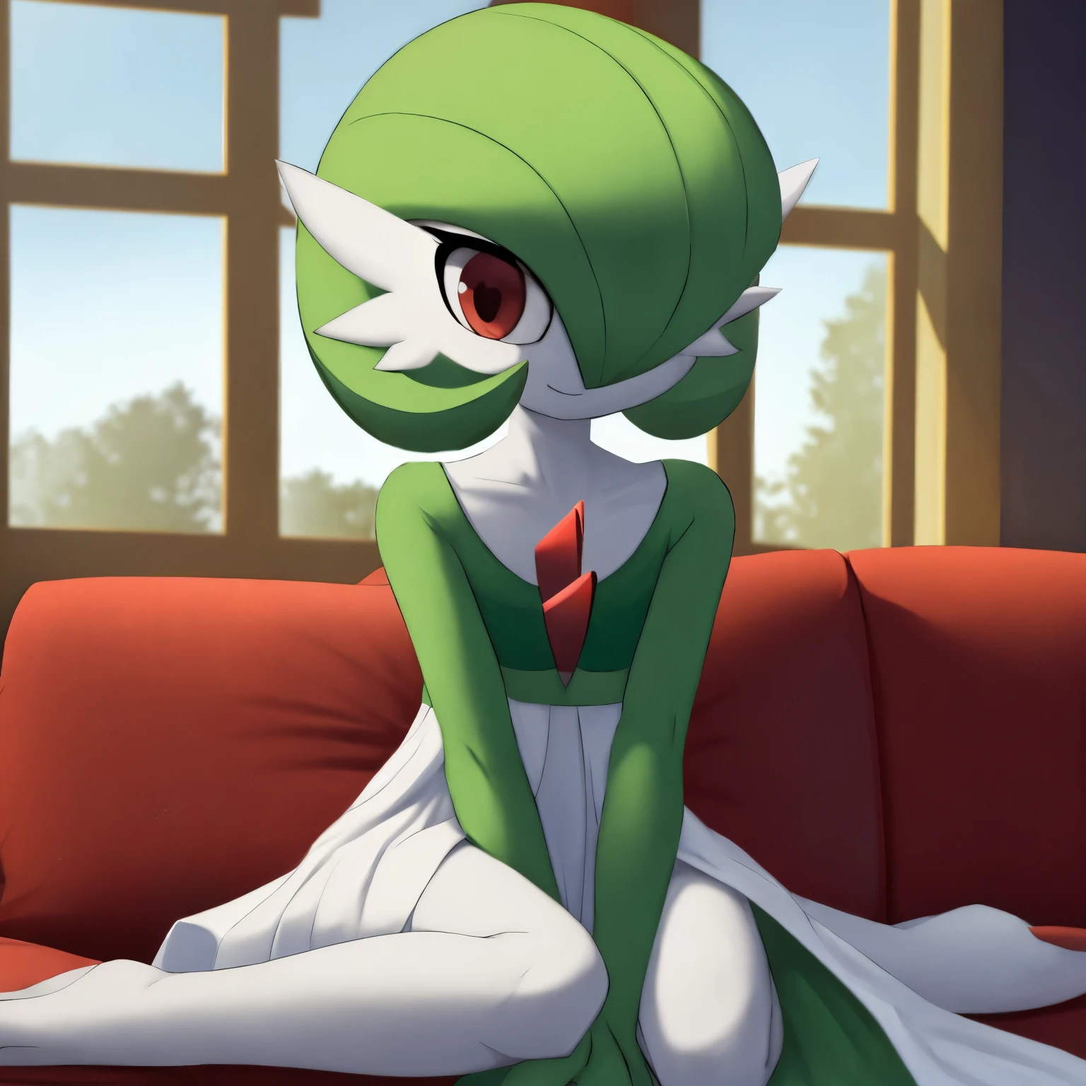 best quality, Gardevoir, pokemon, 1girl, solo, short height, red eyes, green hair, small smile, small mouth, wink, slim, cute, slender body, skinny legs, looking at viewer, blurry background, indoors, in house, full body, slim, ((masterpiece)), best quality, 4k, cinematic lighting, ray tracing, reflected light, panorama, flat chest, high detailed illustration, high detailed background, hi-res, white gardevoir dress, green top, bare legs, bare feet, small feet, sitting on couch, legs together