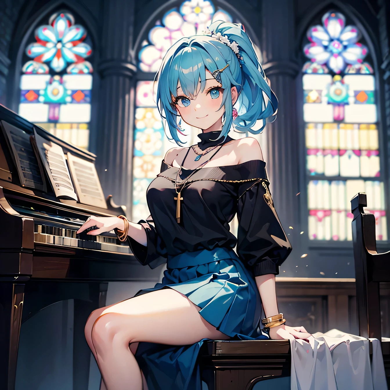 Anime Moe Art Style,highest quality,High resolution,Anatomically correct,One Girl,Mid-teens,A girl with light blue hair in a ponytail,Super detailed,Fantasy-style world,Off-the-shoulder tops,mini skirt,Big Breasts,Bright smile,smile,church,Sitting and playing the organ,Eyes drawn in detail,hair ornaments,necklace,bracelet,8K