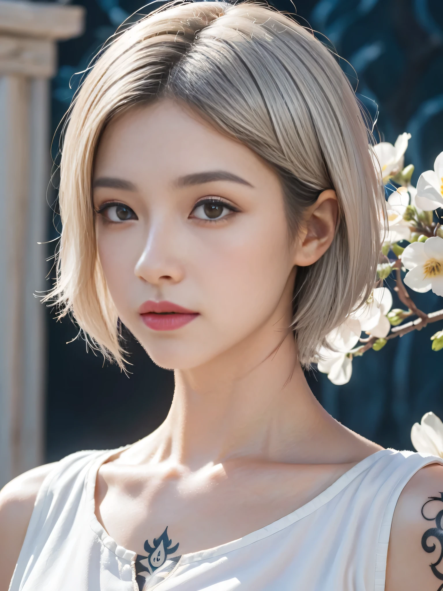 (sfw:2.0),high resolution、Real、8k、(58 years old)、woman1 person、Beautiful symmetrical body、Noble golden robe、(((flower tattoos all over the body)))、((Platinum Hair:1.8、short hair:1.6))、(Enthusiastic:1.1), (woman:1.1),Big Blue Eyes、Droopy eyes、 sharp, (Upper body portrait:1.5)、(perfect body:1.1), Realistic, True Shadow, 3D, (Temple Background:1.8)、A fleshy body、plump body、Perfect proportions, Two-tone lighting, Low ISO, White balance, Large Diameter, 8K Original, Highly efficient subpixels, Subpixel Convolution, Luminous Particles, Light Scattering, (Graceful features), (Perfect face), Dynamic Angle、((Skeletally correct body))