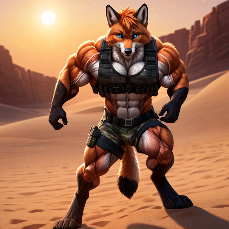 Masterpieces, furry, male, Anthropomorphic, red fox, blue eyes, black mark on muzzle, veiny, thin body, age 20, Delicate eyes, furred body, on a resort sunset beach, perfect lighting, light particles,(best quality),(masterpiece),(ultra detailed), sharp focus, light particles, detailed barren background, desert camo military short, shirtless, wearing heavy bulletproof vest , no shirt , fierce look, soldier look, full body, six pack abs, brown forearms, (detailed muscle:2), orange hair, digitigrade