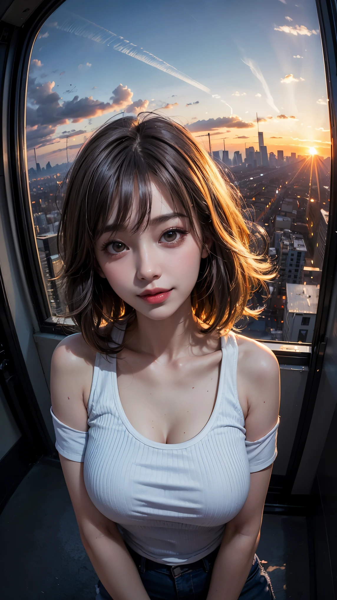 xxmixgirl,One girl, Fisheye Lens, Selfie, Wind, Messy Hair, sunset, Cityscape, (Aesthetics and atmosphere:1.2), Gray Hair,smile, Film Girl, Short top shirt, Chest wide open, 