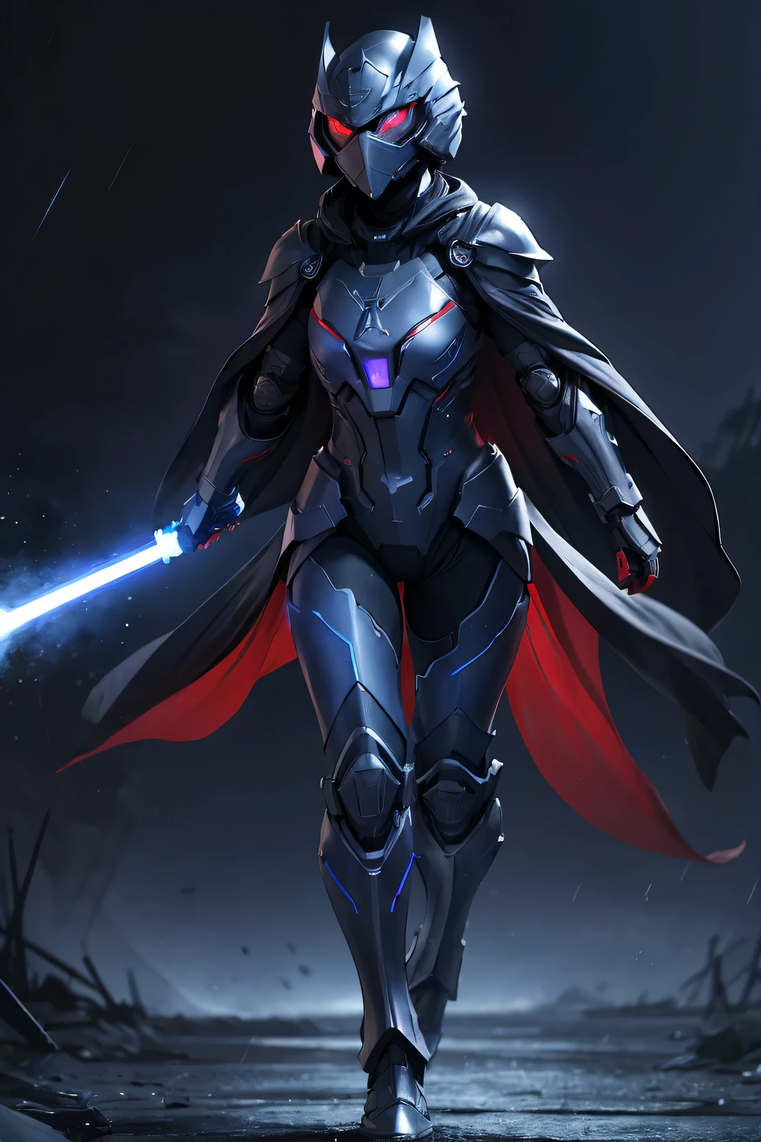 Advance armored girl, grey hood and cape, background dark space battlefield, heavy rain, red short hair, blue glowing beautiful eyes, (full body shot), blue glowing lined simple armor plate, dark environment, high detailed face, Advance mask, intense war,