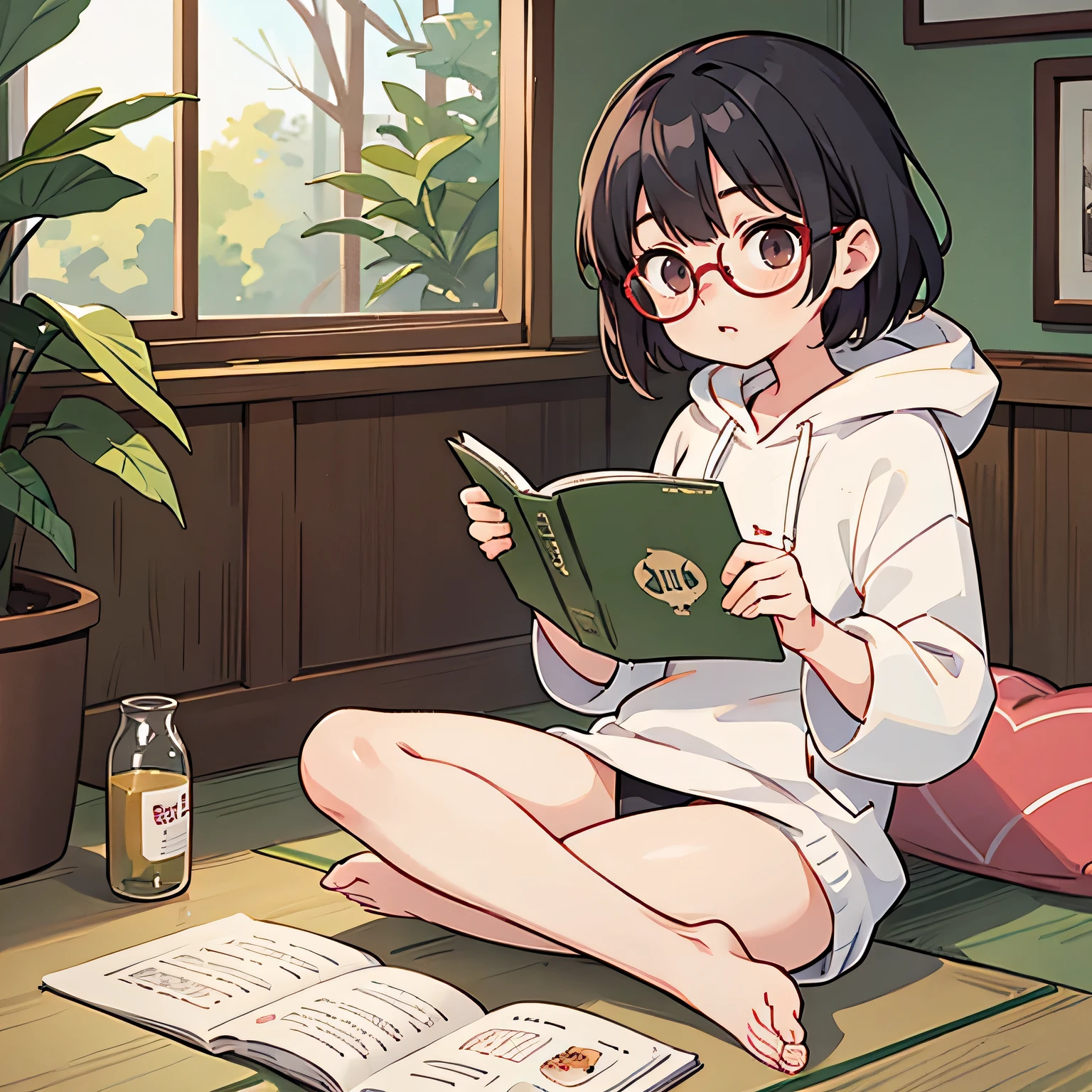 Anime girl sitting on floor reading a book and drinking beer - SeaArt AI