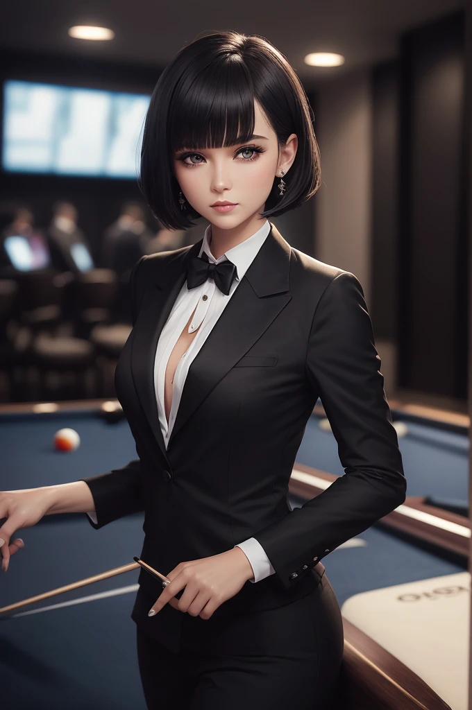 best quality, 32k, original photo, Ridiculous, Extremely detailed, Delicate texture, Sexy Beauty Bob Hairstyle and Bangs, Gorgeous makeup, Black suit, White shirt, Long black tie, Movie Scenes, Background Casino, billiards