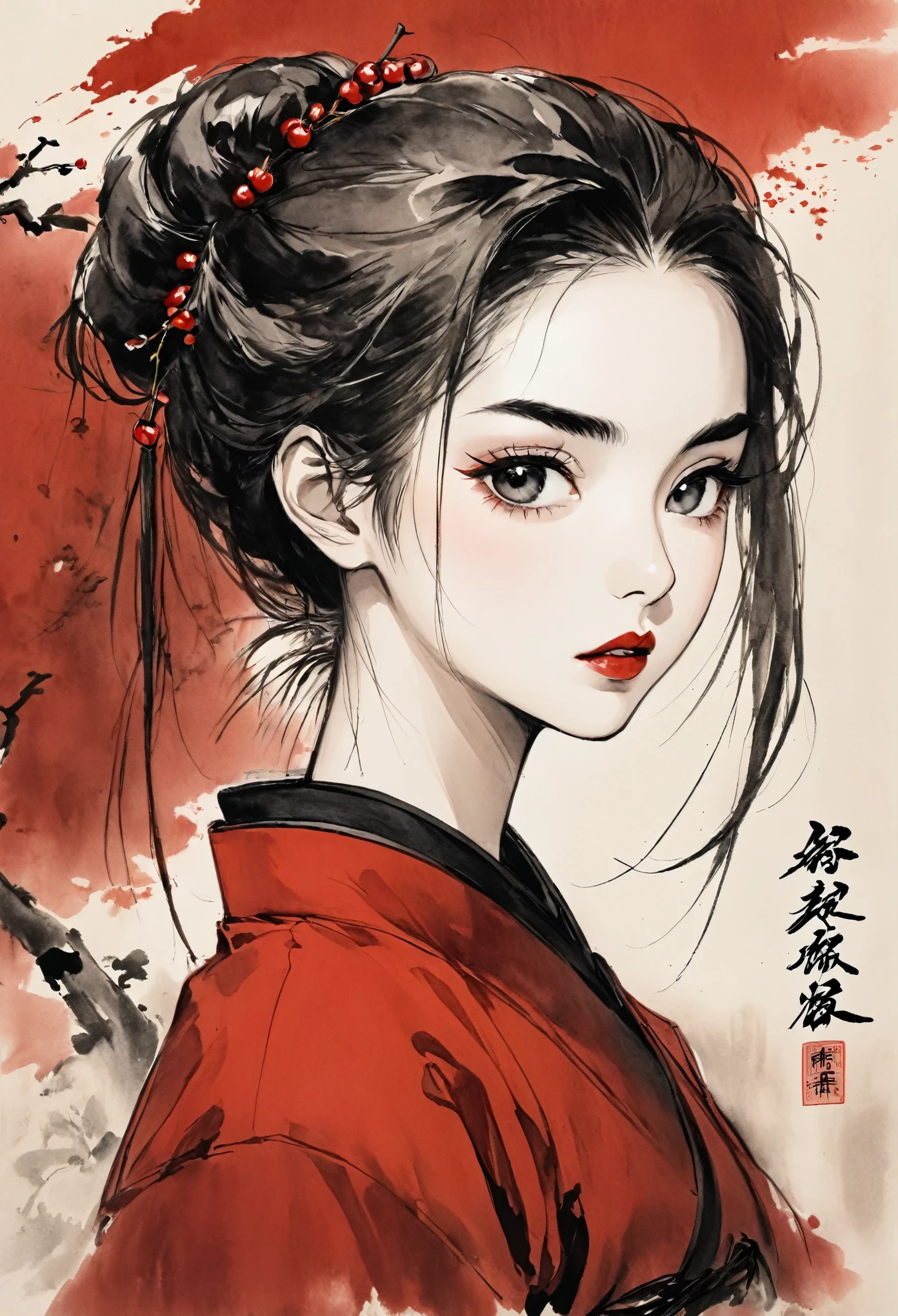 Chinese style, ancient martial arts ink painting, ladies figure, headshot, young woman, melancholic expression, willowy eyebrows, cherry mouth, facing the camera, ancient Chinese hairstyle, hair rather messy, wearing a red cloth coat, slender neck, best quality, canvas background