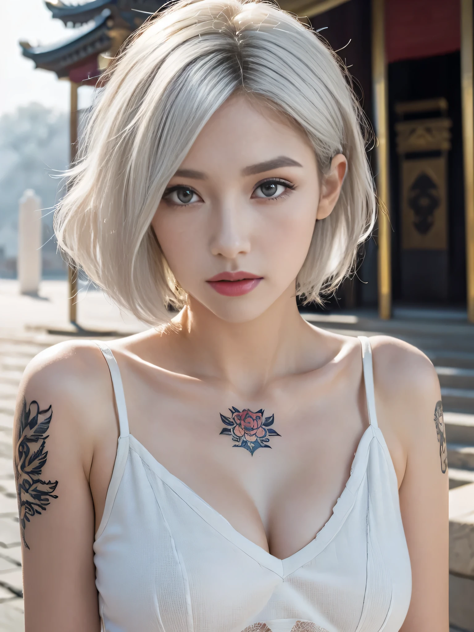 (sfw:2.0),high resolution、Real、8k、(28 years old)、woman1 person、Beautiful symmetrical body、Noble golden robe、(((flower tattoos all over the body)))、((Platinum Hair:1.8、short hair:1.6))、(Enthusiastic:1.1), (woman:1.1),Big Blue Eyes、Droopy eyes、 sharp, Dynamic sexy pose、(Upper body portrait:-1.6)、(perfect body:1.1), Realistic, True Shadow, 3D, (Temple Background:1.8)、A fleshy body、plump body、Perfect proportions, Two-tone lighting, Low ISO, White balance, Large Diameter, 8K Original, Highly efficient subpixels, Subpixel Convolution, Luminous Particles, Light Scattering, (Graceful features), (Perfect face), Dynamic Angle、((Skeletally correct body))