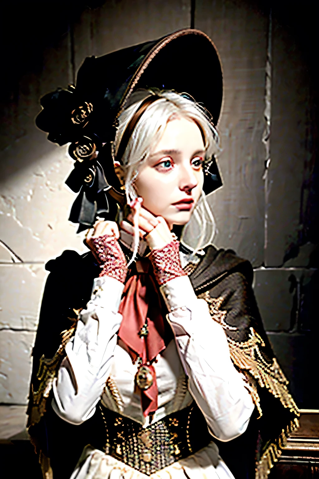 (realistic:1.3), finely detailed, quality, rembrandt lighting, (masterpiece:1.2), (photorealistic:1.2), (best quality), (detailed skin:1.3), (intricate details), dramatic, ray tracing, 1girl, plaindoll, doll joints, 21 years old, detailed skin texture, (blush:0.5), (goosebumps:0.5), subsurface scattering, expressionless, medium breasts, white hair, bonnet, brown cloak, long dress, red ascot, red dark smoke night background