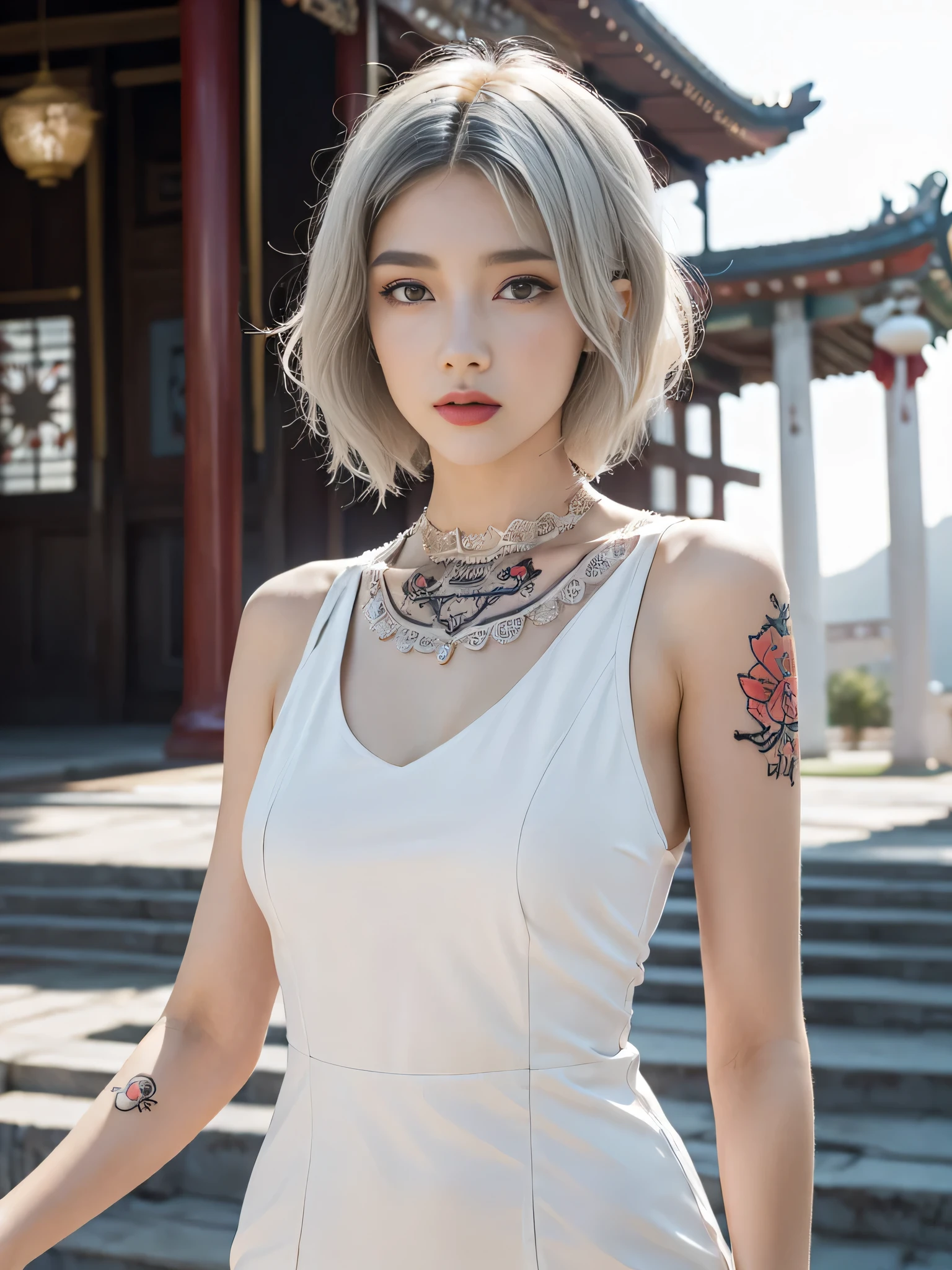 (sfw:2.0),high resolution、Real、8k、(28 years old)、woman1 person、Beautiful symmetrical body、Noble golden robe、(((flower tattoos all over the body)))、((Platinum Hair:1.8、short hair:1.6))、(Enthusiastic:1.1), (woman:1.1),Big Blue Eyes、Droopy eyes、 sharp, Dynamic sexy pose、(Upper body portrait:-1.6)、(perfect body:1.1), Realistic, True Shadow, 3D, (Temple Background:1.8)、A fleshy body、plump body、Perfect proportions, Two-tone lighting, Low ISO, White balance, Large Diameter, 8K Original, Highly efficient subpixels, Subpixel Convolution, Luminous Particles, Light Scattering, (Graceful features), (Perfect face), Dynamic Angle、((Skeletally correct body))