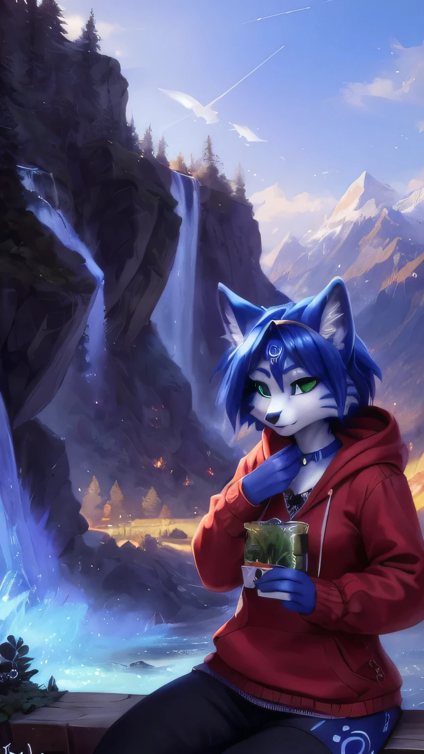 A beautiful and detailed (sweet portrait) von ((Krystal)), Sternenfuchs Krystal, Schlank, liebenswert, green eyes, medium breasts, (((Lange blaue Haare 1.3))), ((schwarze haarspitzen)), Dekollete, Grinsen, hoch schauen,, anthro, Pelzig, Hochgeladen E621, detailed flauschige fur, (von Fluff-Kevlar, Bayard Wu, personalami, Pino Daeni), detailliertes Gesicht, (flauschige), 1 girl, Allein, auf einem bett liegend, alltagskleidung, heller pullover 1.3, schwarze hose, fernsehen