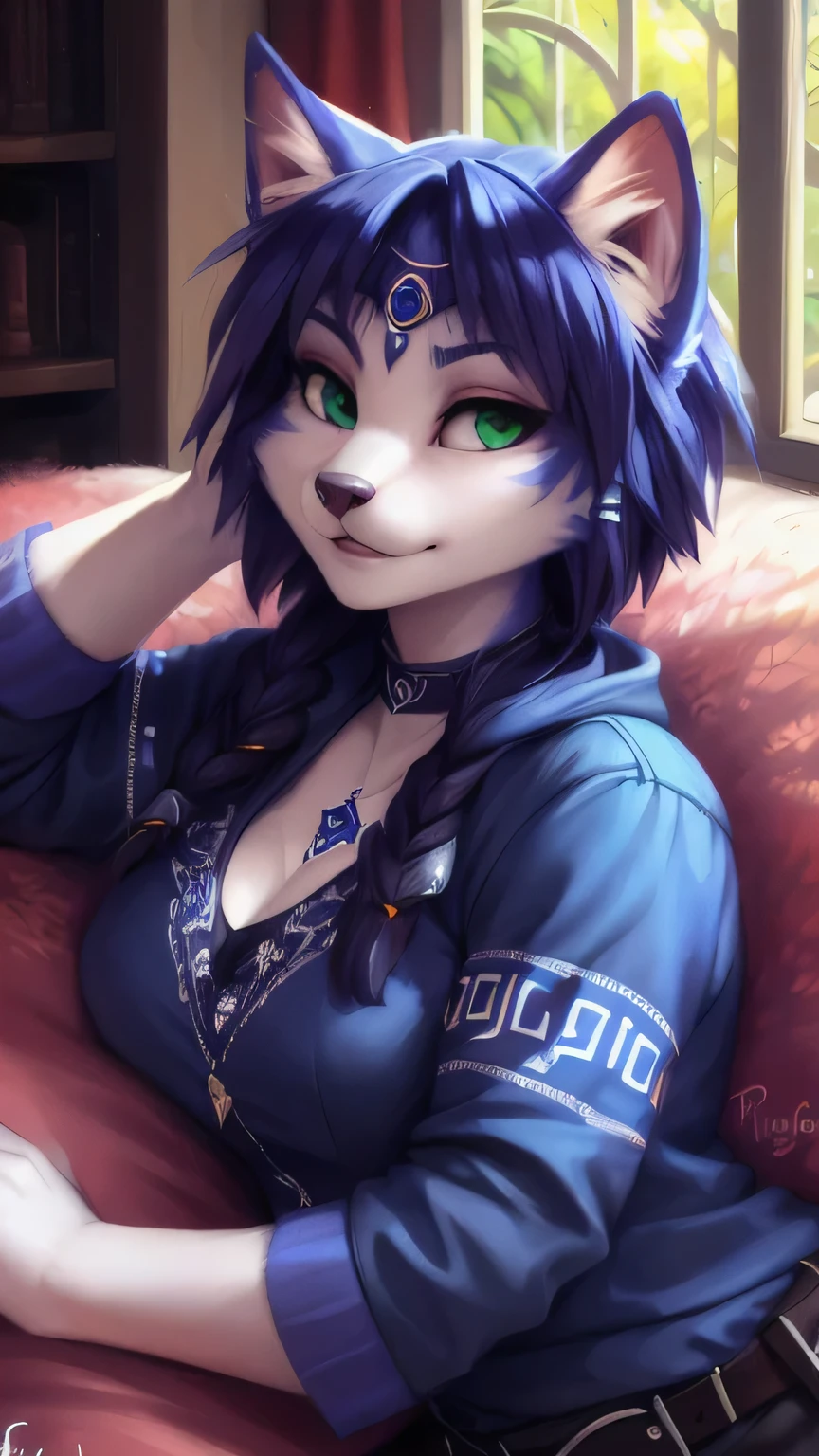 A beautiful and detailed (sweet portrait) von ((Krystal)), Sternenfuchs Krystal, Schlank, liebenswert, green eyes, medium breasts, (((Lange blaue Haare 1.3))), ((schwarze haarspitzen)), Dekollete, Grinsen, hoch schauen,, anthro, Pelzig, Hochgeladen E621, detailed flauschige fur, (von Fluff-Kevlar, Bayard Wu, personalami, Pino Daeni), detailliertes Gesicht, (flauschige), 1 girl, Allein, auf einem bett liegend, alltagskleidung, heller pullover 1.3, schwarze hose, fernsehen