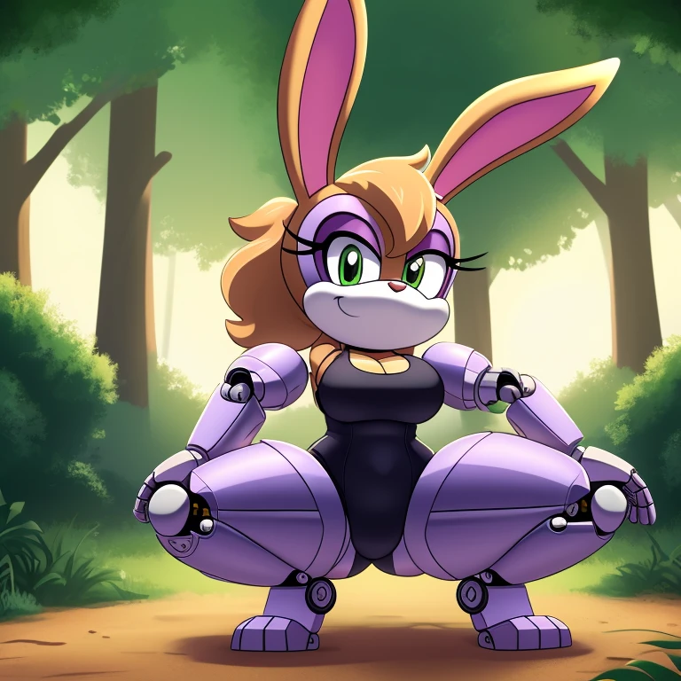Bunnie Rabbot from Sonic Satam, wearing purple one piece swimsuit, wearing black shorts, brown fur, one robotic leg, thick thighs, beautiful limbs, squatting down in forest, high quality, Dan Haskett Character Design style,