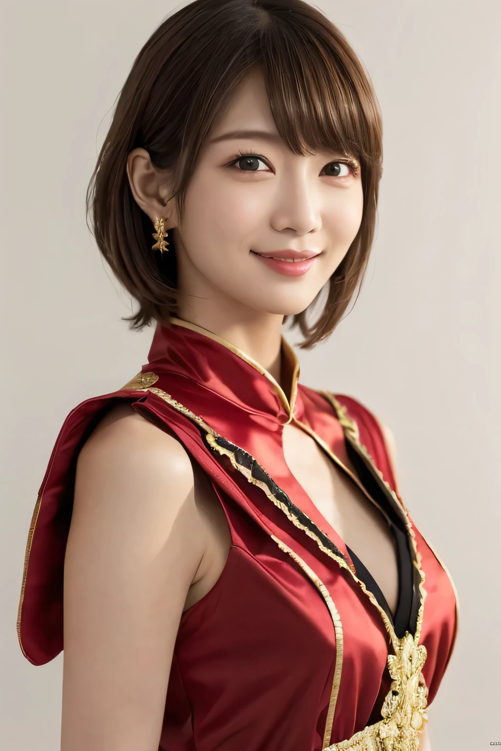 1 girl, (Wearing a red stage costume:1.2), Very beautiful Japanese idol portraits, 
(RAW Photos, highest quality), (Realistic, Realistic:1.4), (masterpiece), 
Very delicate and beautiful, Very detailed, 2k wallpaper, wonderful, finely, Very detailed CG Unity 8K wallpaper, Very detailed, High resolution, Soft Light, 
Beautiful detailed girl, Very detailed目と顔, Beautiful and sophisticated nose, Finely beautiful eyes, Cinema Lighting, 
(Simple light color background:1.3),
(short hair), 
Complete Anatomy, Slender body, Small breasts, smile