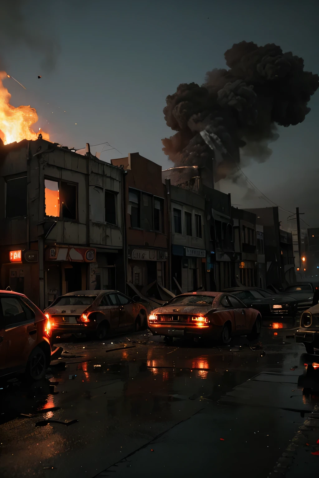 background with red lights, fallen buildings and burnt cars