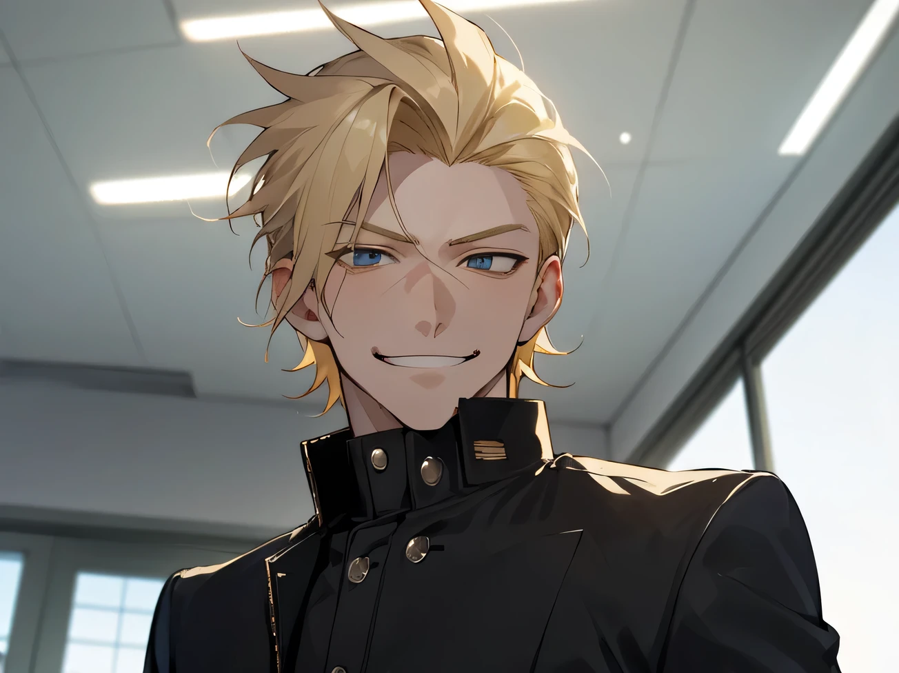 masterpiece,Face close-up,One male,20th Generation,Sharp focus,smirk,Blonde,top hair,Horny,gakuran,Angle from below,Background classroom