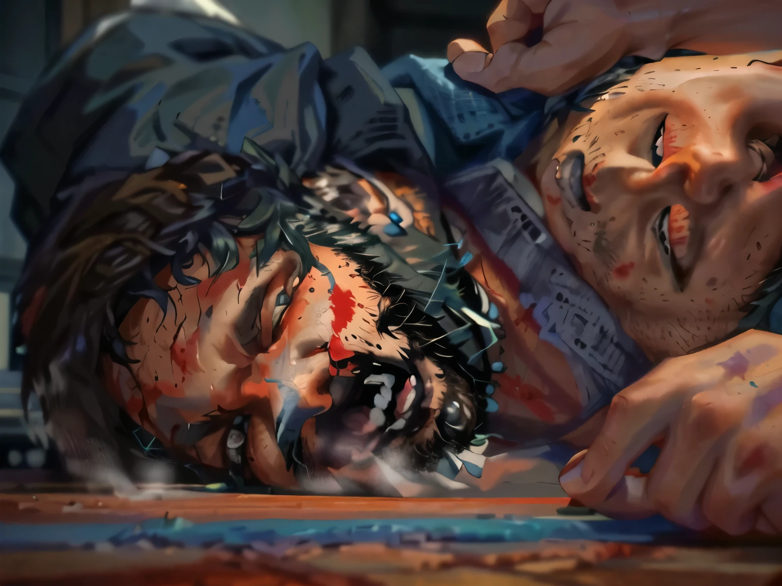 a close up of a man laying on a floor with blood on his face, in the last of us, luscious ) in the last of us, the last of us, the last of us zombie, photorealistic logan movie still, last of us, ps5 cinematic screen capture, hyper realistic vfx simulation, 4k concept art and hyper realism