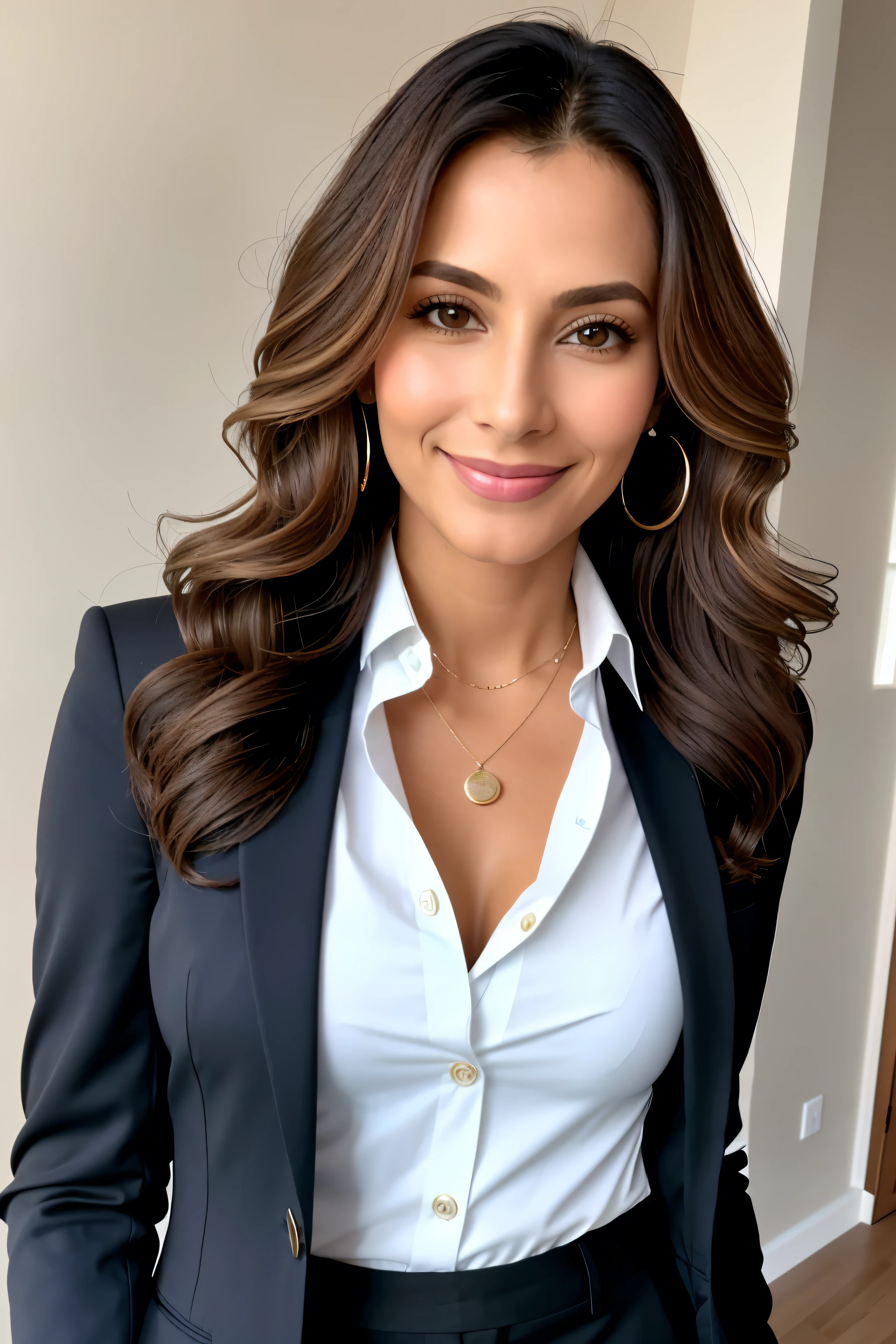 (obra de arte: 1.1), High definition, detalhado, Mulher brasileira, 45 anos, physically healthy, cabelo ondulado na altura dos ombros, Vestido formalmente, nutricionista, Professional appearance, (copos: 0.5), confident expression, Well-fitted blazer and pants, button-up shirt, Blusa com blazer, Saltos ou sapatilhas, (Blusa: 1.2), tez radiante, pele brilhante, maquiagem elegante, (high quality lighting: 1), beleza natural, aura nutritiva, Quente e convidativo, A healthy and vibrant individual, (NOZ