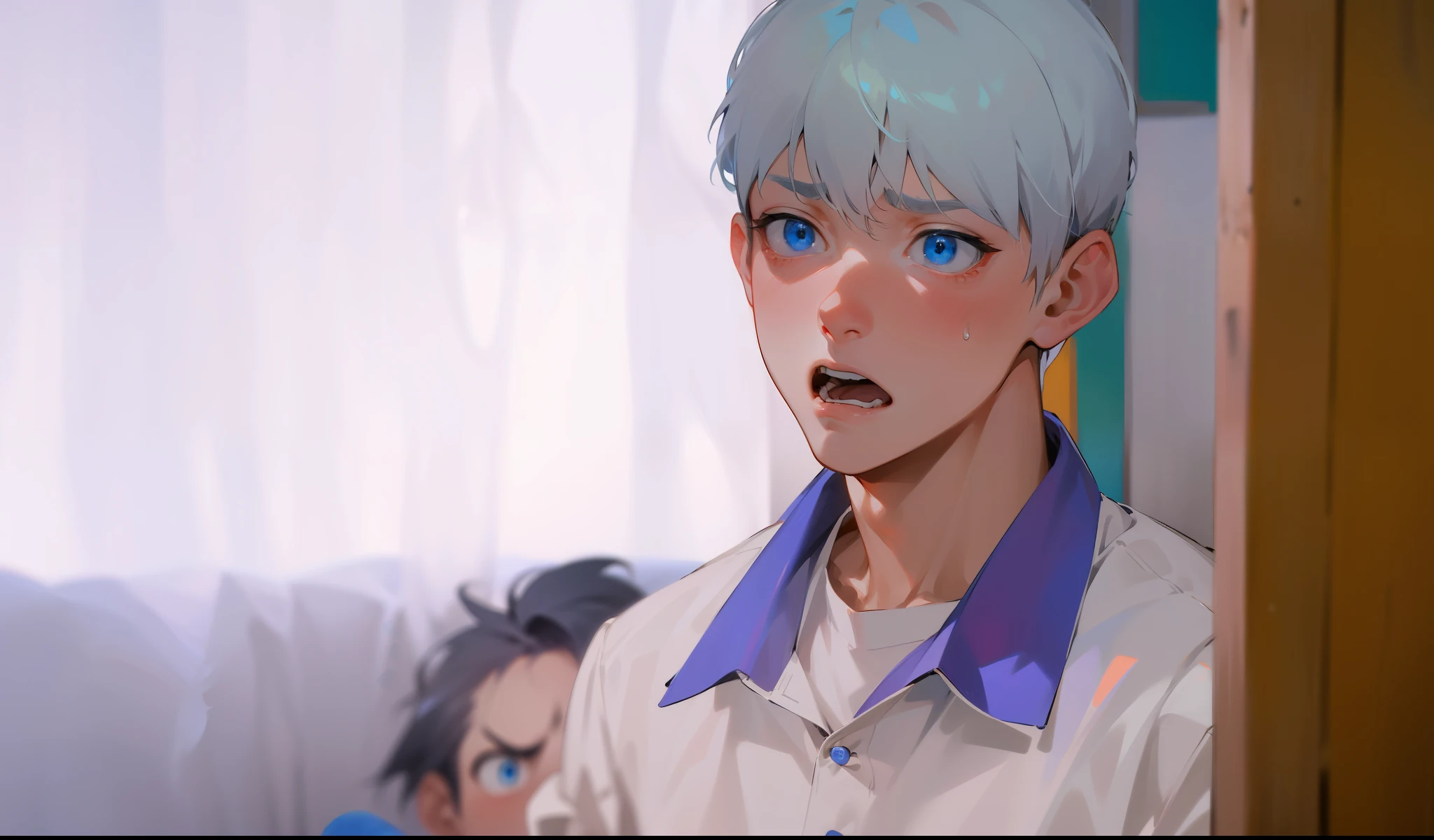 cute 20 year old man blue eyes gray hair is surprised scared