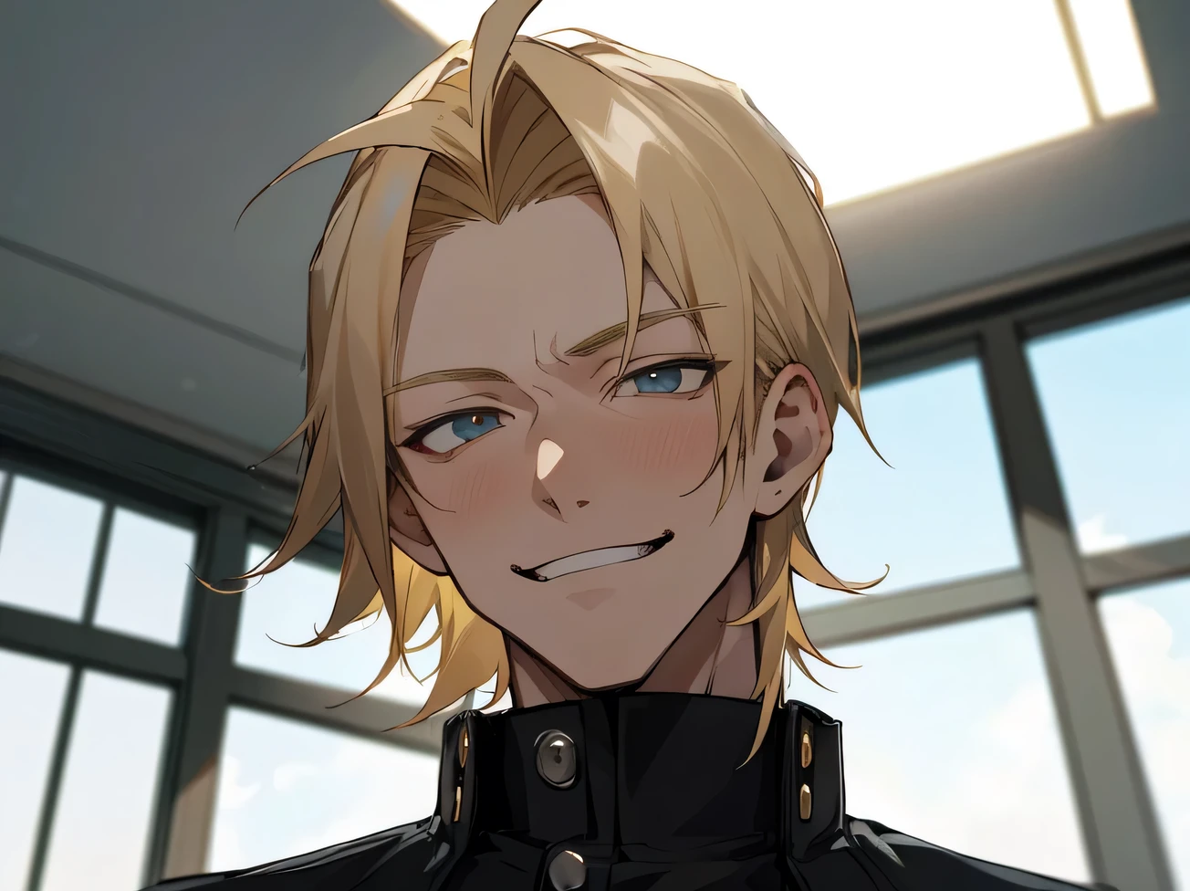 masterpiece,Face close-up,One male,20th Generation,Sharp focus,smirk,Blonde,top hair,?????,gakuran,Angle from below,Background classroom
