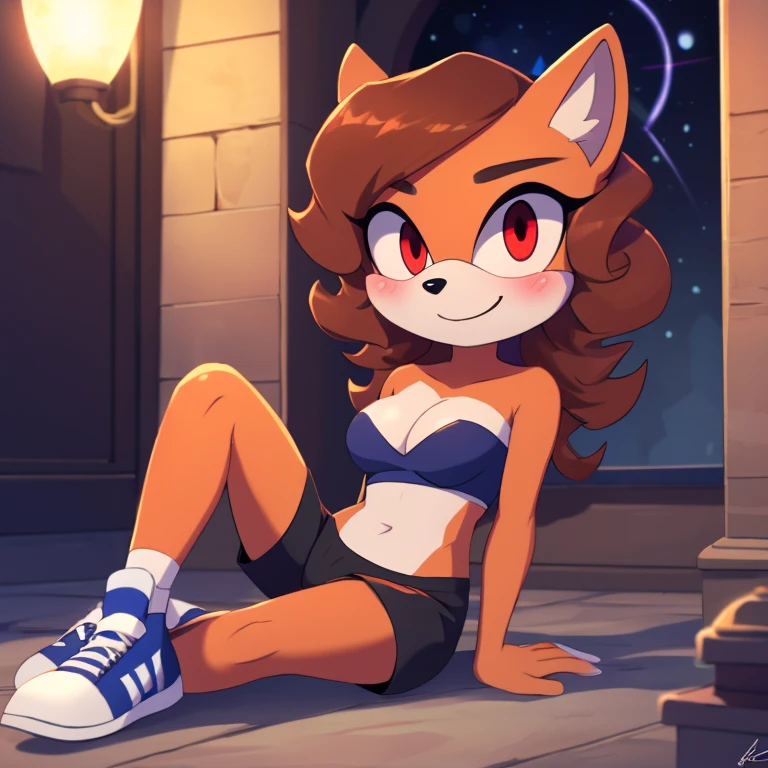 mobian, hedgehog, two-tone fur ((orange fur, brown fur)), pyjama elastic shorts, strapless crop top, cleavage, high-top sneakers, two-tone hair (brown hair, black tip)), curly hair, halo, sunglasses, jewelry, red eyes, longeyelashes, red eyes, smile, shy, blush, high detail, masterpiece, UHD, anatomically correct, super detail, highres, 4K