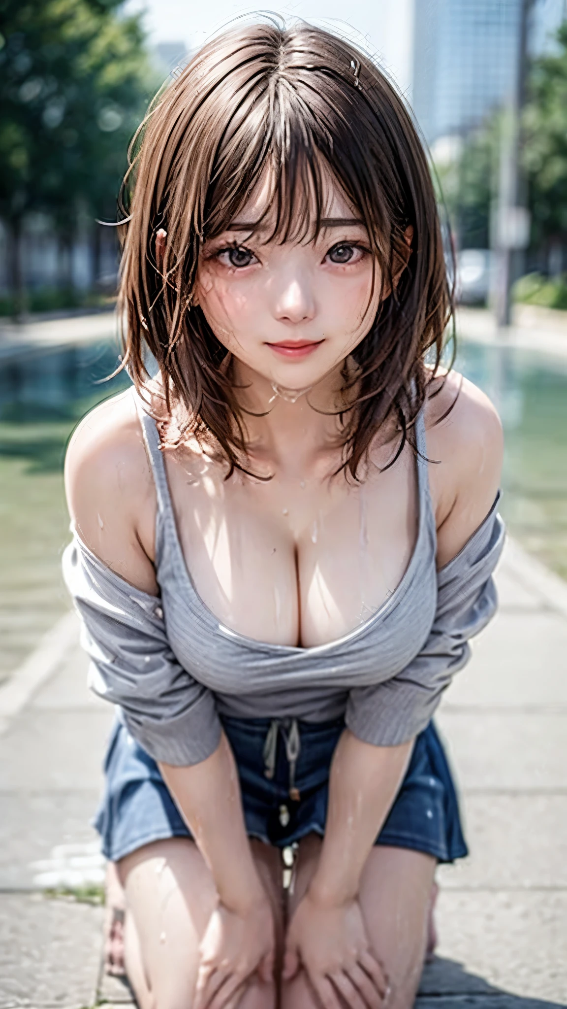 highest quality、8k quality、20-year-old woman covering her breasts with her hands、Off-the-shoulder tank top、Short skirt、Beautiful thighs、Soft breasts、Looking up at the photographer、Bend on one knee、Shot from the top of the front、Well-groomed, mature face、Beautiful cleavage、Thin fabric、High definition skin、Body and clothes wet with sweat