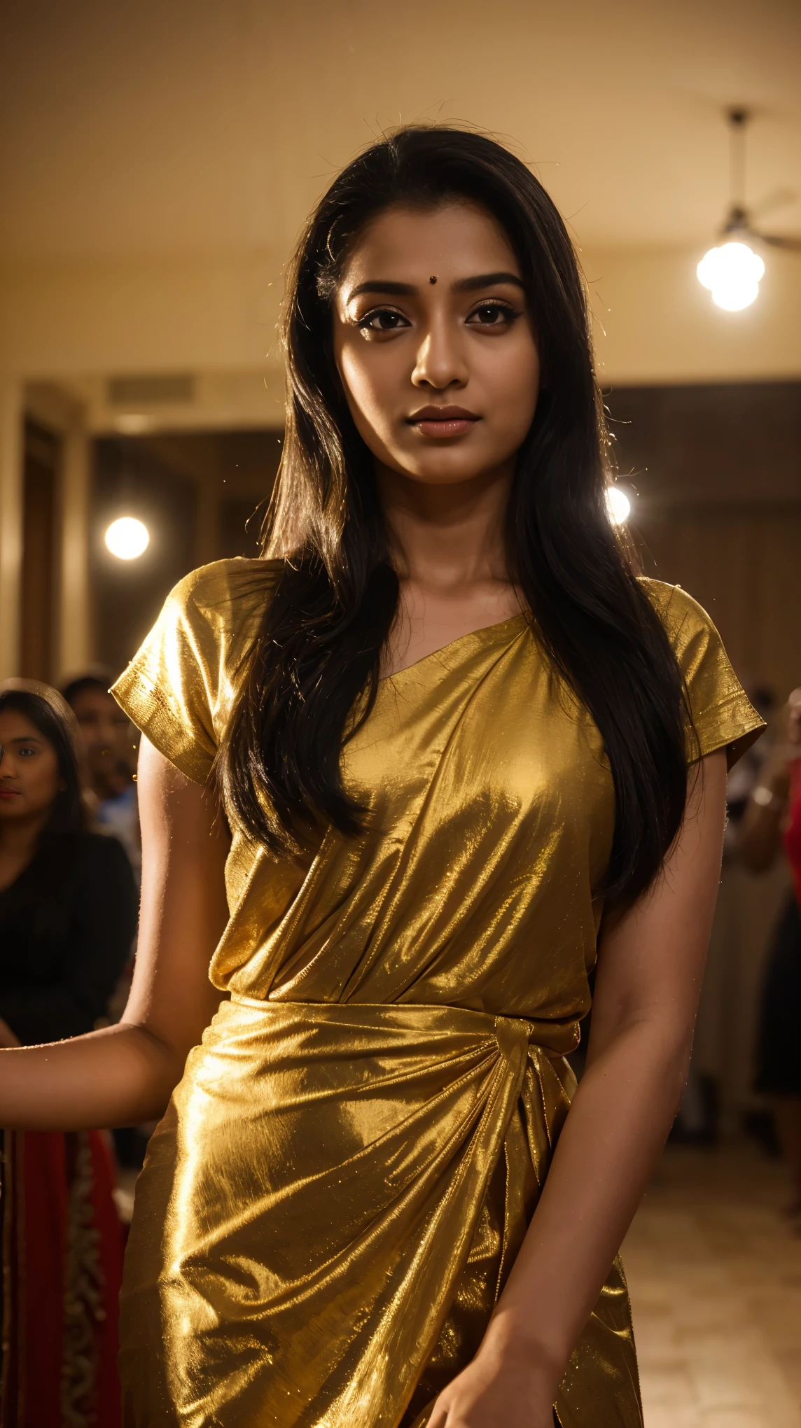 Ultra-realistic photos, Indian Instagram female model, mid 20s, 9:16, mid-shot, beautiful detailed eyes, detailed lips, long eyelashes, black stylish hair, naturally filled eyebrows, perfectly formed nose, expressive face, attractive appearance, clear photo, vibrant and golden midi dress, vivid colors, photo-realistic, HDR, high-resolution, studio lighting, ultra-detailed, bokeh, Abhinaya Odhisan Hall, lots of people
