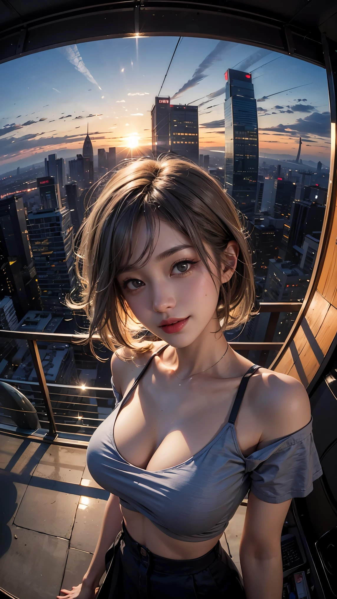 xxmixgirl,One girl, Fisheye Lens, Selfie, Wind, Messy Hair, sunset, Cityscape, (Aesthetics and atmosphere:1.2), Gray Hair,smile, Film Girl, Short top shirt, Chest wide open, 