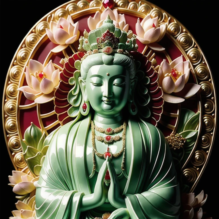  statue of guan yin made of jade and jewelry, crystal clear and shinning, beautyfull  face, many hands, detailed hands,  floating red ruby lotus , full body, masterpieces, super detail, epic composition, ultra HD, high quality, extremely detailed, official art, unified 8k wallpaper, Super detail, 