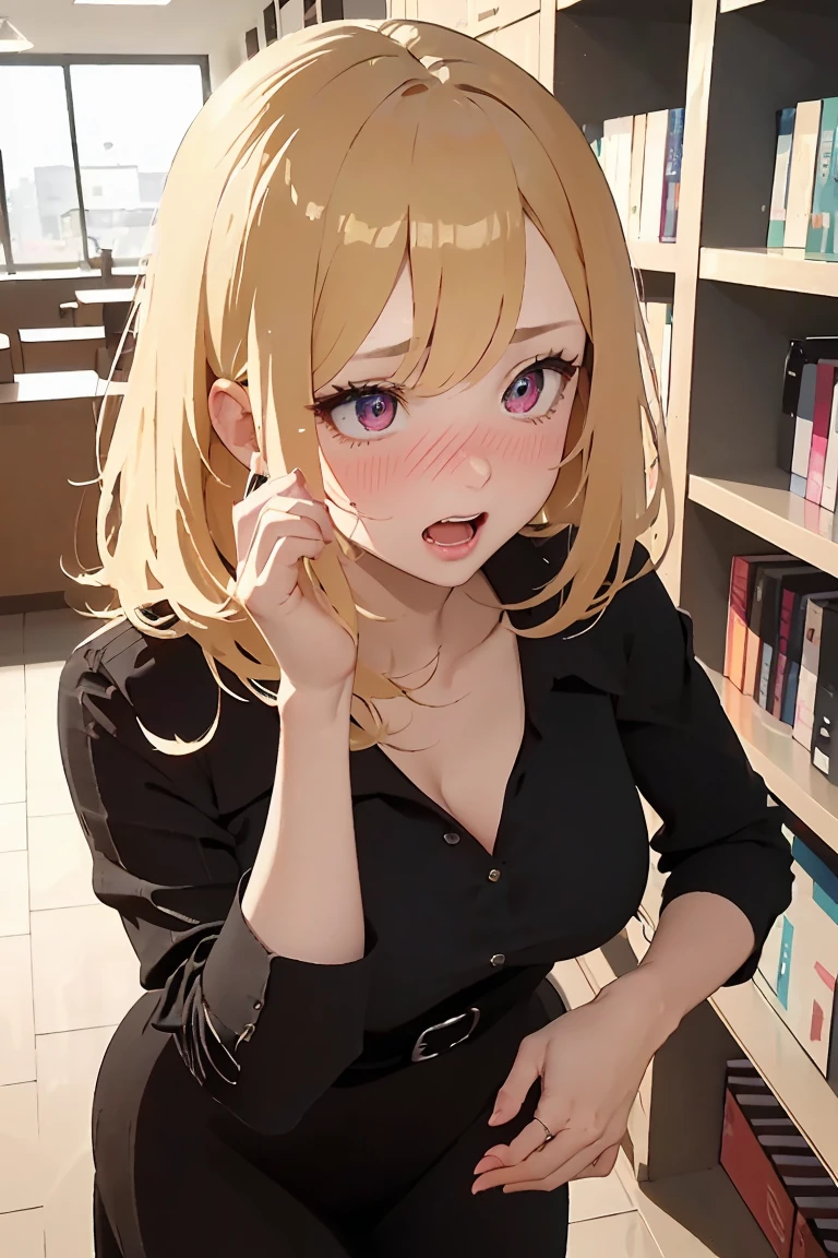 masterpiece, absurdres, best quality, ultra detailed, high Resolution, detailed illustration, bright colour, (extremely beautiful detailed face and eyes, Delicate beautiful face, 1 girl, cute face:1.3), (magenta eyes:1.1), sparkling eyes, big eyes, medium breasts, (perky breasts:1.1), (pointy breasts:1.1), medium hips, glamorous body, white skin, BREAK, long bob cut, (blonde hair:0.8), messy hair, detailed hair, shiny hair, BREAK (buggy t-shirt, Cleavage, slouch, mini-skirt, underwear:1.5), perfect lighting, (embarrassed:1.5), (ecstasy, vulgarity:1.5), (trembling:0.8), From below, Sitting in a chair,