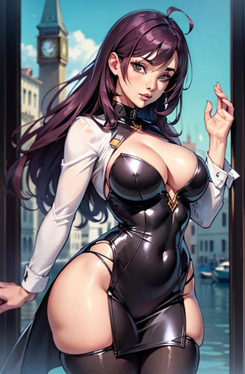 Anime style female character wearing short skirt and colorful tights, 25 years old、a character portrait, reproduction, Small curve, Knit Dress,Venice(Mature female , Large Breasts,Sagging breasts、Cleavage, cleveage、Thick thighs, Wide hips, Curvy beauty, Perfect body,)