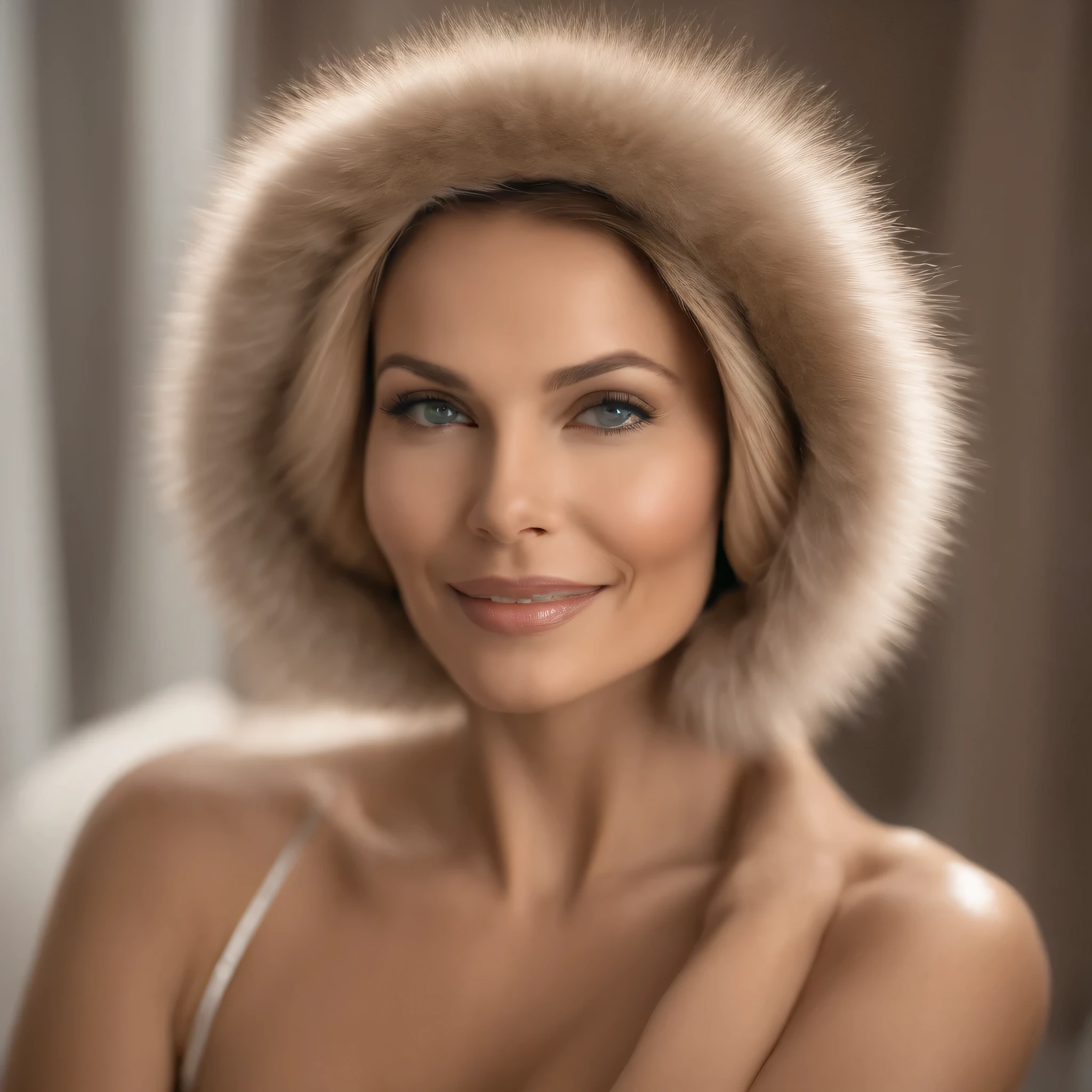 35 ans,(Une MILF:1.2), visage rond, un regard captivant, yeux verts, cheveux blonds,A very wide and very thick, very short sand mink fur coat, fifty centimeters thick, duveteux, naturel, with an ultra thick white and sand mink fur collar, three layers, souriante, fully nude front view, bare shoulders, and two large breast discovered by the fur, Ornella Muti jeune, Detailed wrinkles (8K, high resolution, Ultra-quality, A quality of&#39;image ultra élevée, ultrarealistic, best quality:1.2) (gros seins en bonnet D:1.1), eyes visible through the hair, with silver gray hair, bobbed hair, Bonne position des yeux, cinematic light, Soft light, lombes, la nuit, detailed color background, Convoluted, Very detailed, 8K, Overall Silhouette, posant professionnellement sur un canapé penthouse, En regardant directement la caméraUne photo d&#39;une femme souriante Nikon D850, objectif 85 mm