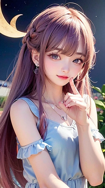 Turquoise eyes、(highest quality, masterpiece), One girl, Pause, particle, Wind, flower, Upper Body, Simple Background, View your viewers, , Milky Way,smile、（See-through、pink、blouse）mysterious、（Silver Long Hair、Some have red hair）、Earrings、Twin taililky way、Crescent Moon、smile、Feeling embarrassed、Waiting for a kiss