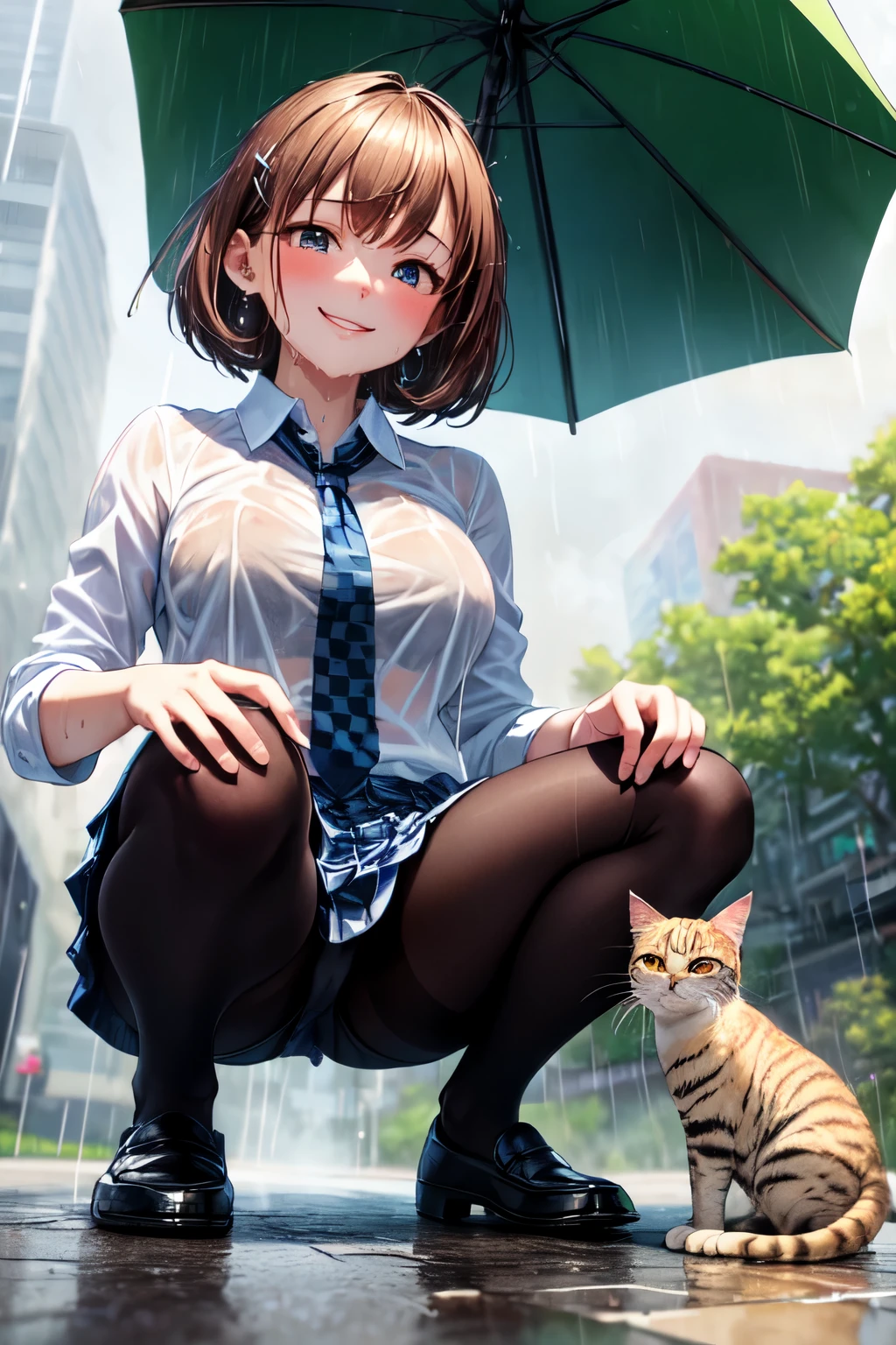 ((highest quality)), ((masterpiece)), (detailed), Perfect Face,((heavy rain)),((wet)),kind,smile,Watching a cat,beautiful girl,high school girl,city,In the park,White shirt,,Checkered mini skirt,hairpin,Black Pantyhose,(((oiled skin))),(((From below))),Checked tie,((Steam comes out from the body)),Sweat,Earrings,squat,loafers,stray catを触っている,stray cat