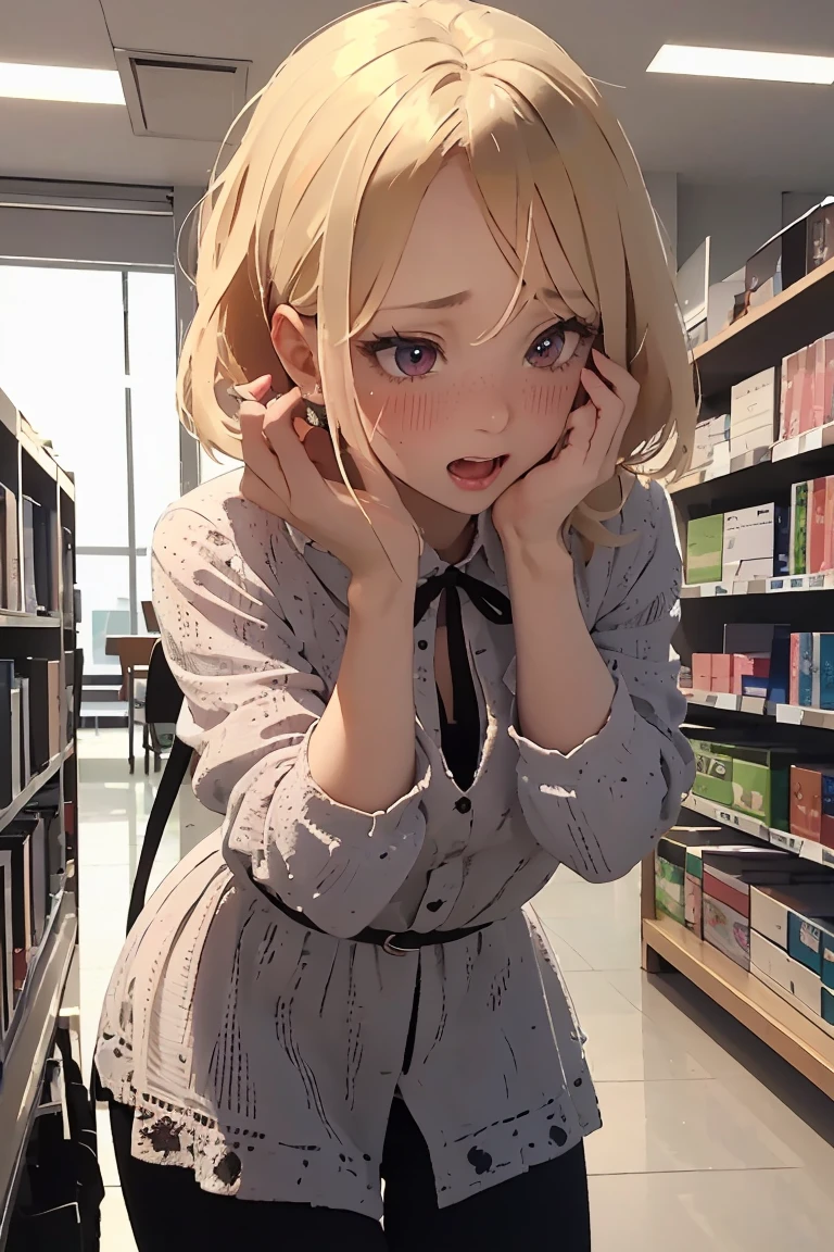 masterpiece, absurdres, best quality, ultra detailed, high Resolution, detailed illustration, bright colour, (extremely beautiful detailed face and eyes, Delicate beautiful face, 1 girl, cute face:1.3), (magenta eyes:1.1), sparkling eyes, big eyes, medium breasts, (perky breasts:1.1), (pointy breasts:1.1), medium hips, glamorous body, white skin, BREAK, long bob cut, (blonde hair:0.8), messy hair, detailed hair, shiny hair, BREAK (buggy casual dress down blouse:1.5), perfect lighting, (embarrassed:1.5), (ecstasy, vulgarity:1.5), (trembling:0.8), library, from above,
