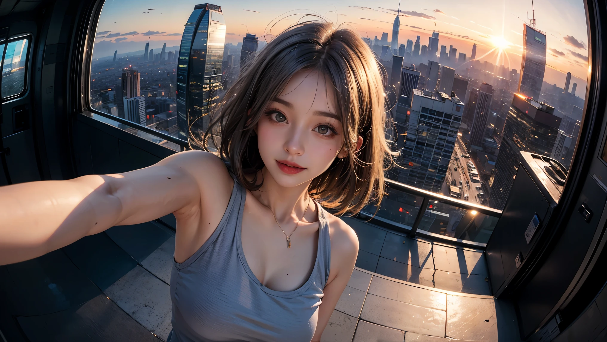 xxmixgirl,One girl, Fisheye Lens, Selfie, Wind, Messy Hair, sunset, Cityscape, (Aesthetics and atmosphere:1.2), Gray Hair,smile, Film Girl, Short top shirt, Chest wide open,