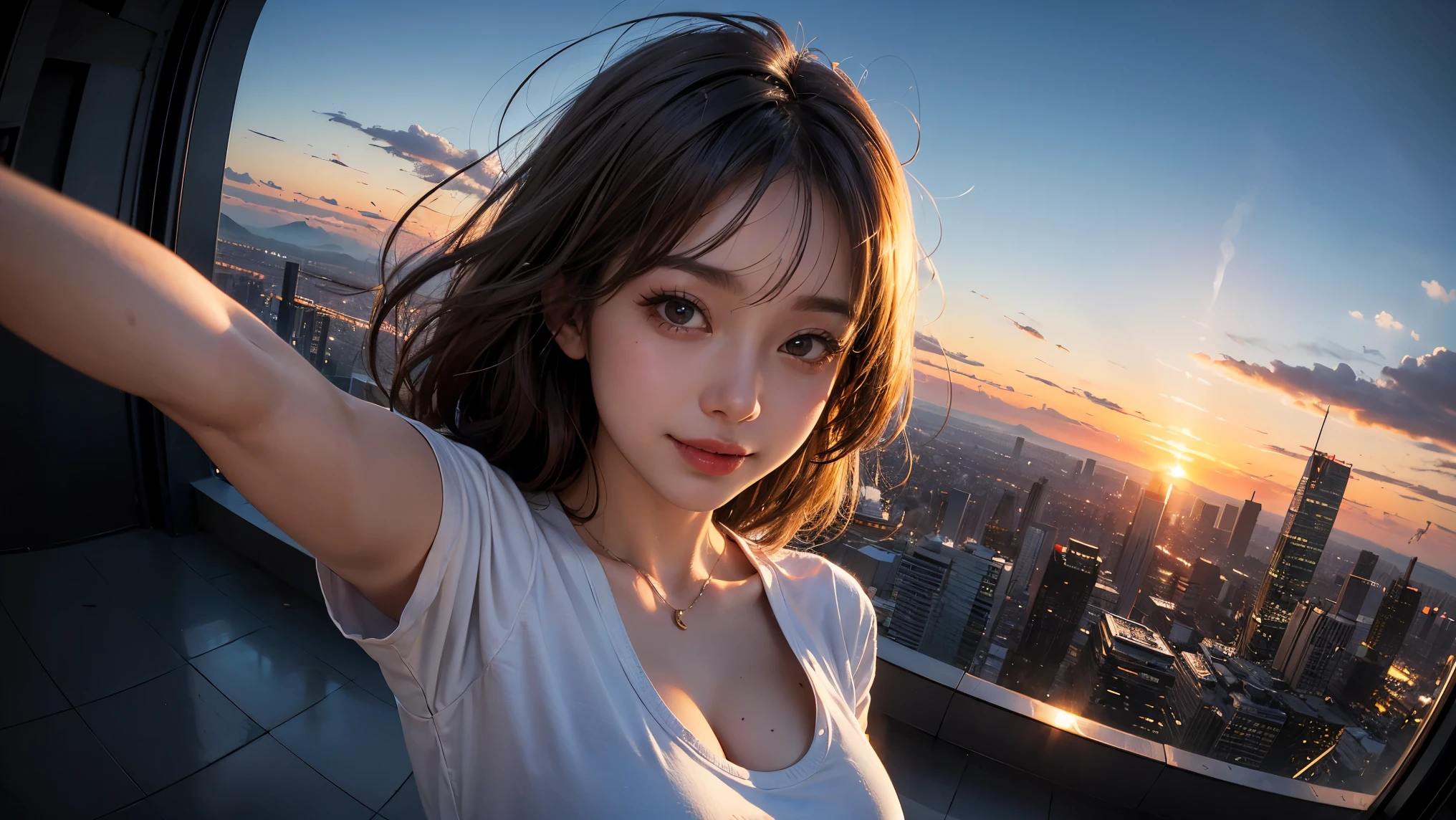 xxmixgirl,One girl, Fisheye Lens, Selfie, Wind, Messy Hair, sunset, Cityscape, (Aesthetics and atmosphere:1.2), Gray Hair,smile, Film Girl, Short top shirt, Chest wide open, 